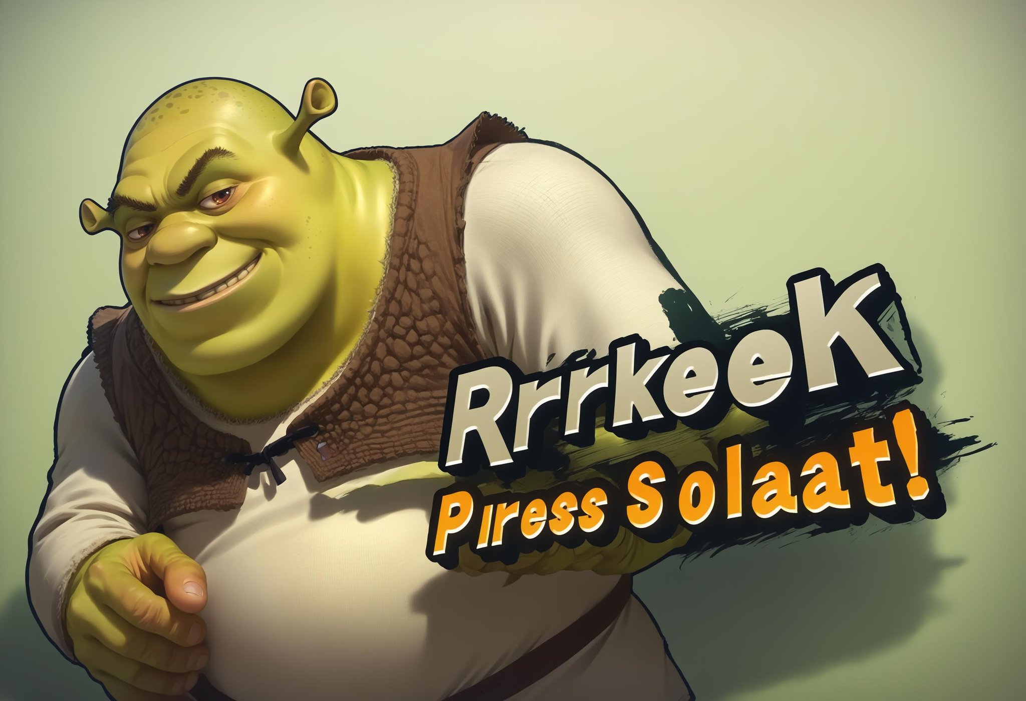 score_9, score_8_up, score_7_up, source_anime, 1boy, SSBUSplashArt, english text, <lora:SSBUSplashArt_XLPD_1:1.4>, <lora:Shrek_XLPD:0.9> shrek, green skin, bald, smirk, 