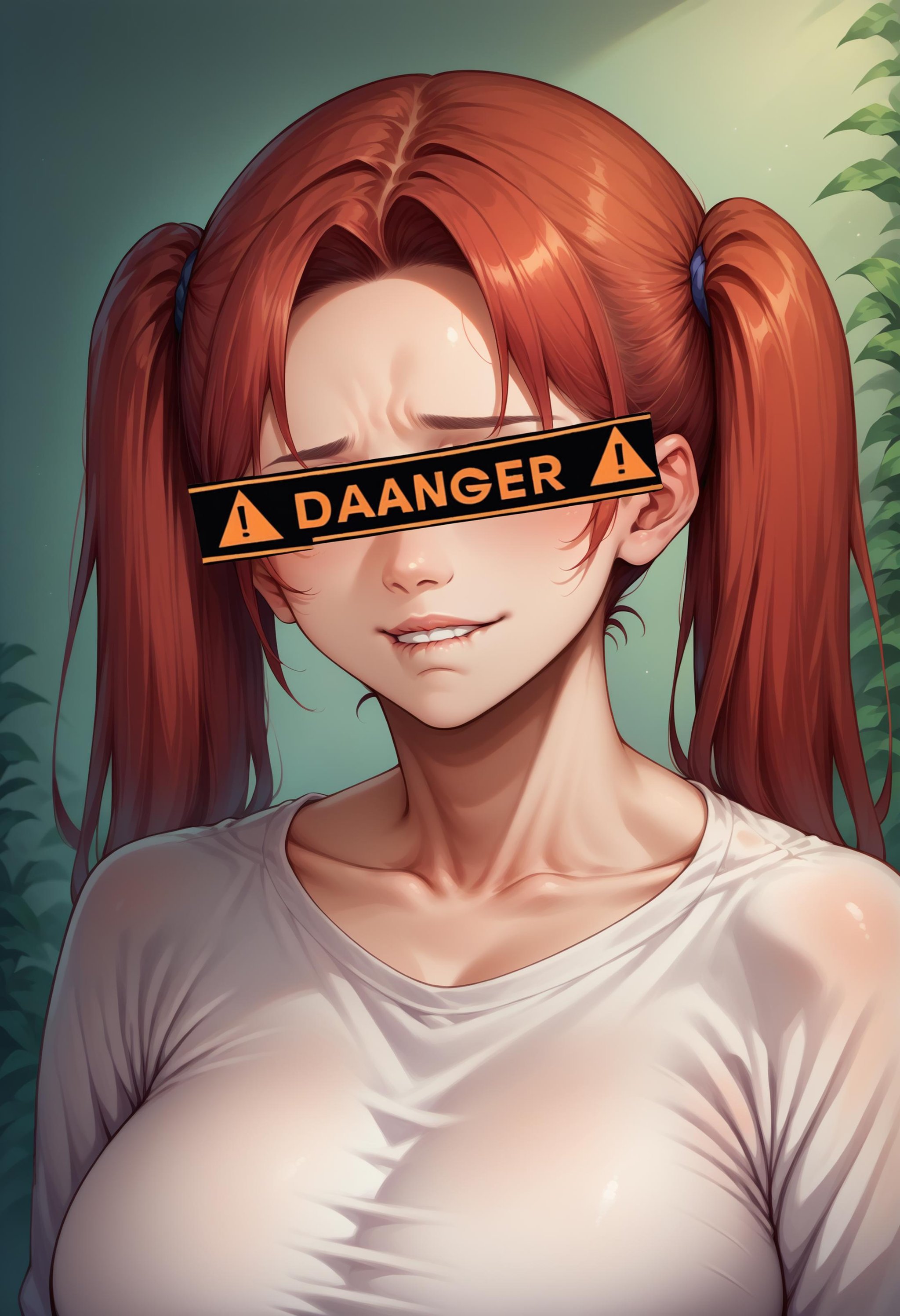 score_9, score_8_up, score_7_up, source_anime, 1girl, DangerCensor, identity censor, <lora:DangerEyeCensor_XLPD:1>, upper body, huge breasts, red hair, twintails, mature female, biting own lip, seductive, 