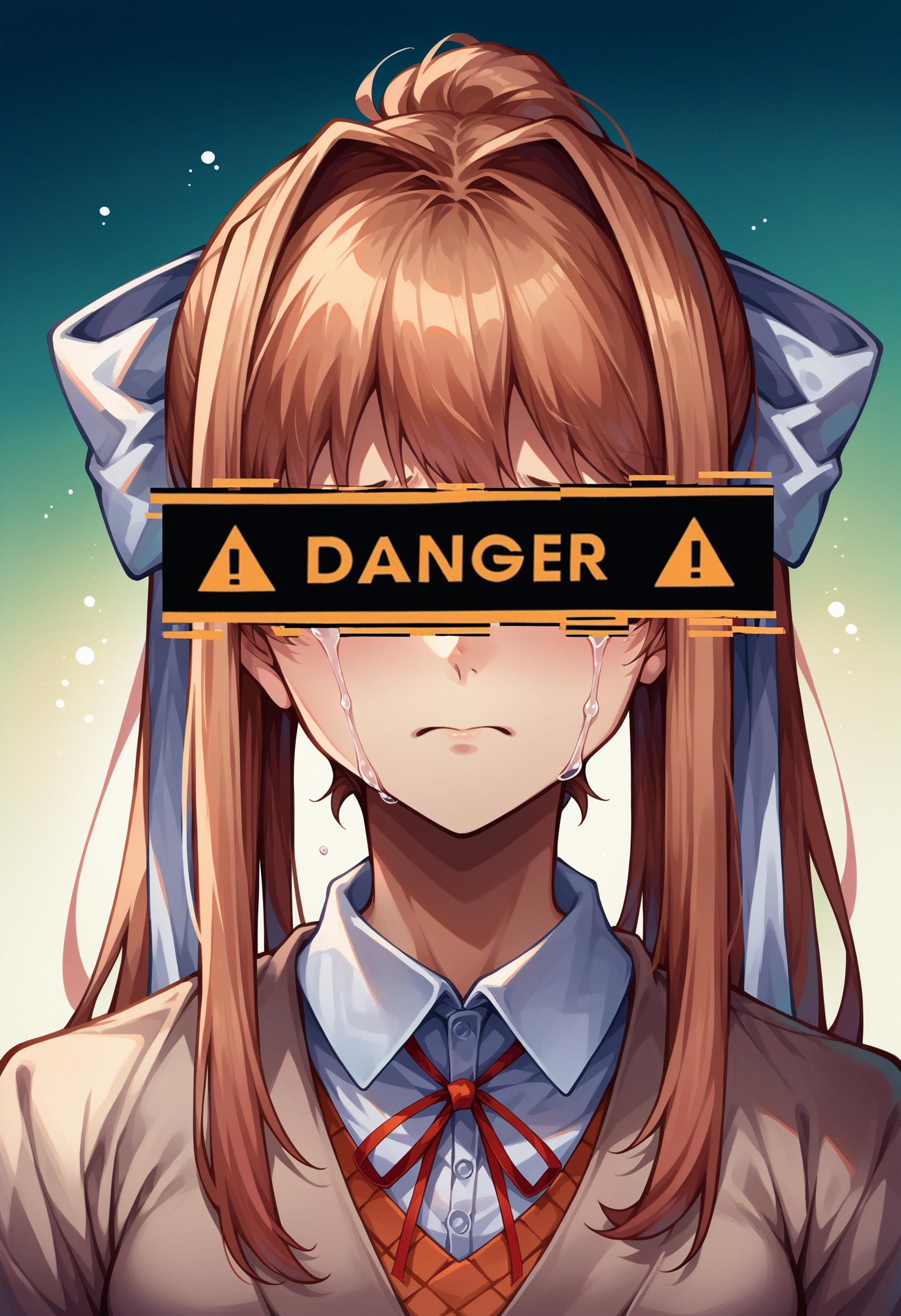 score_9, score_8_up, score_7_up, source_anime, 1girl, DangerCensor, identity censor, <lora:DangerEyeCensor_XLPD:1>, monika \(doki doki literature club\), upper body, crying, glitch, 