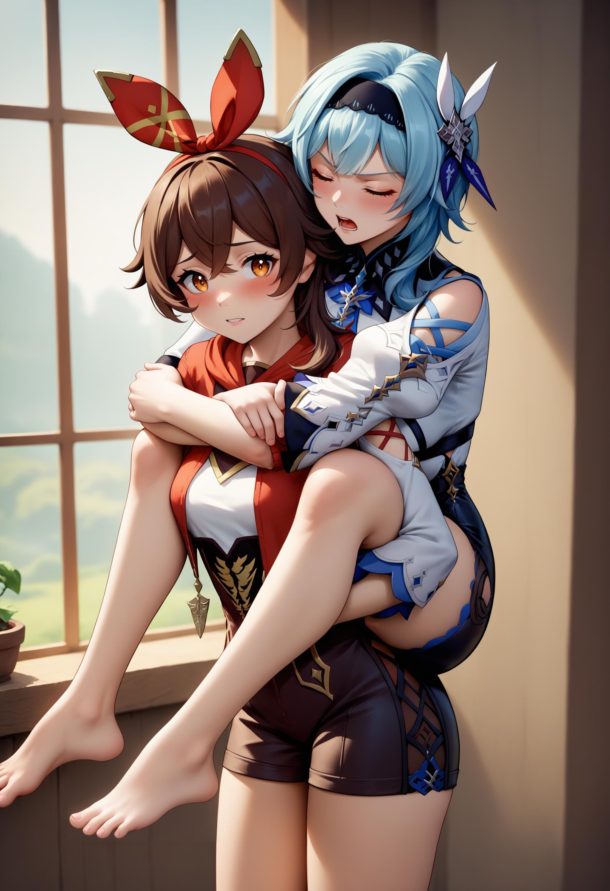 score_9, score_8_up, score_7_up, source_anime, carrying, piggyback, on back, arms around neck, holding legs, <lora:Carrying_XLPD:0.5>, 2girls,BREAK amber \(genshin impact\), blush, bare legs, barefoot, BREAK eula \(genshin impact\), closed eyes, open mouth, drunk, annoyed, tall female, 