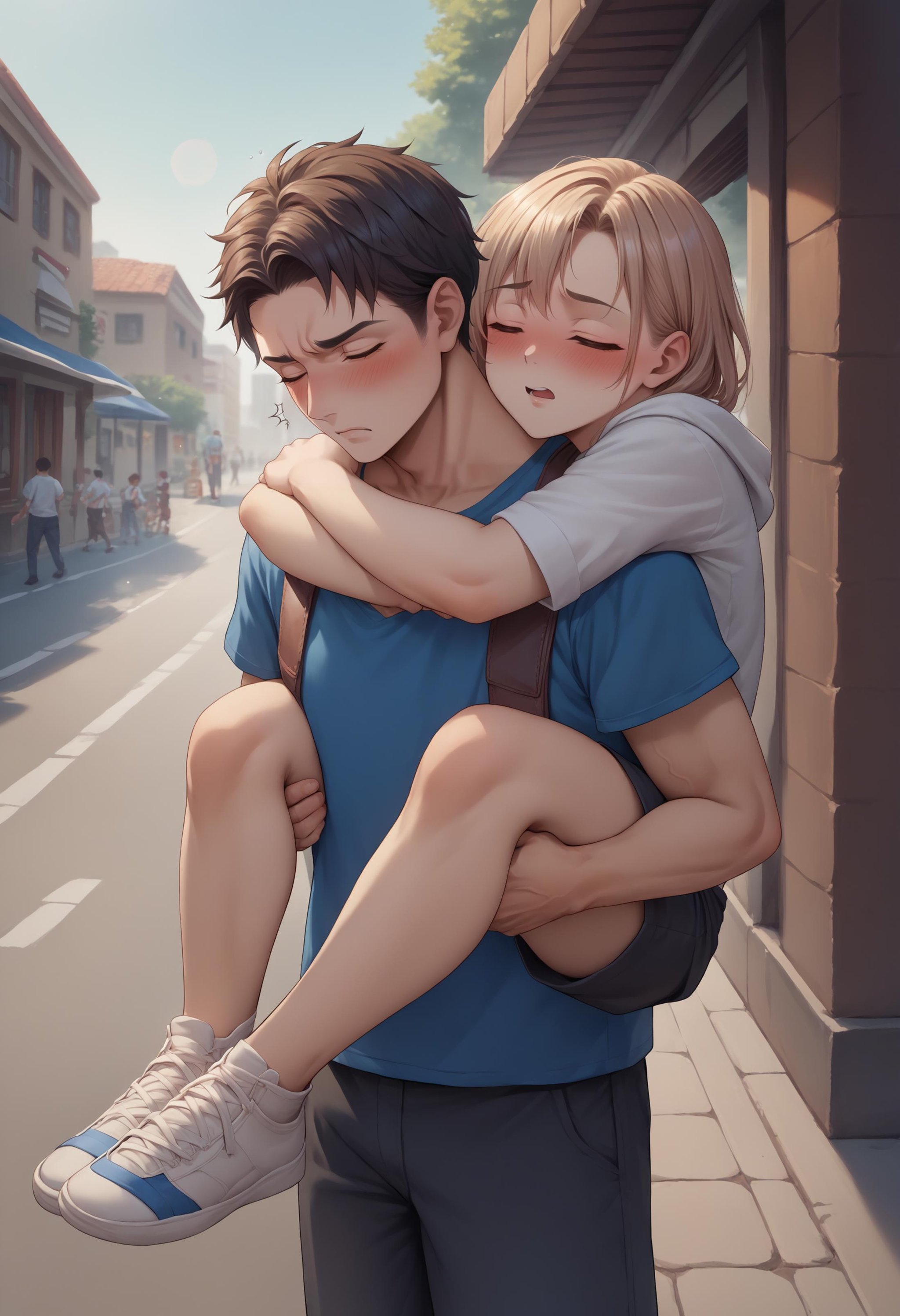 score_9, score_8_up, score_7_up, source_anime, carrying, piggyback, on back, arms around neck, <lora:Carrying_XLPD:1>, 1girl, 1boy, blush, closed eyes, outdoors, street, large breasts, drunk, holding legs, 