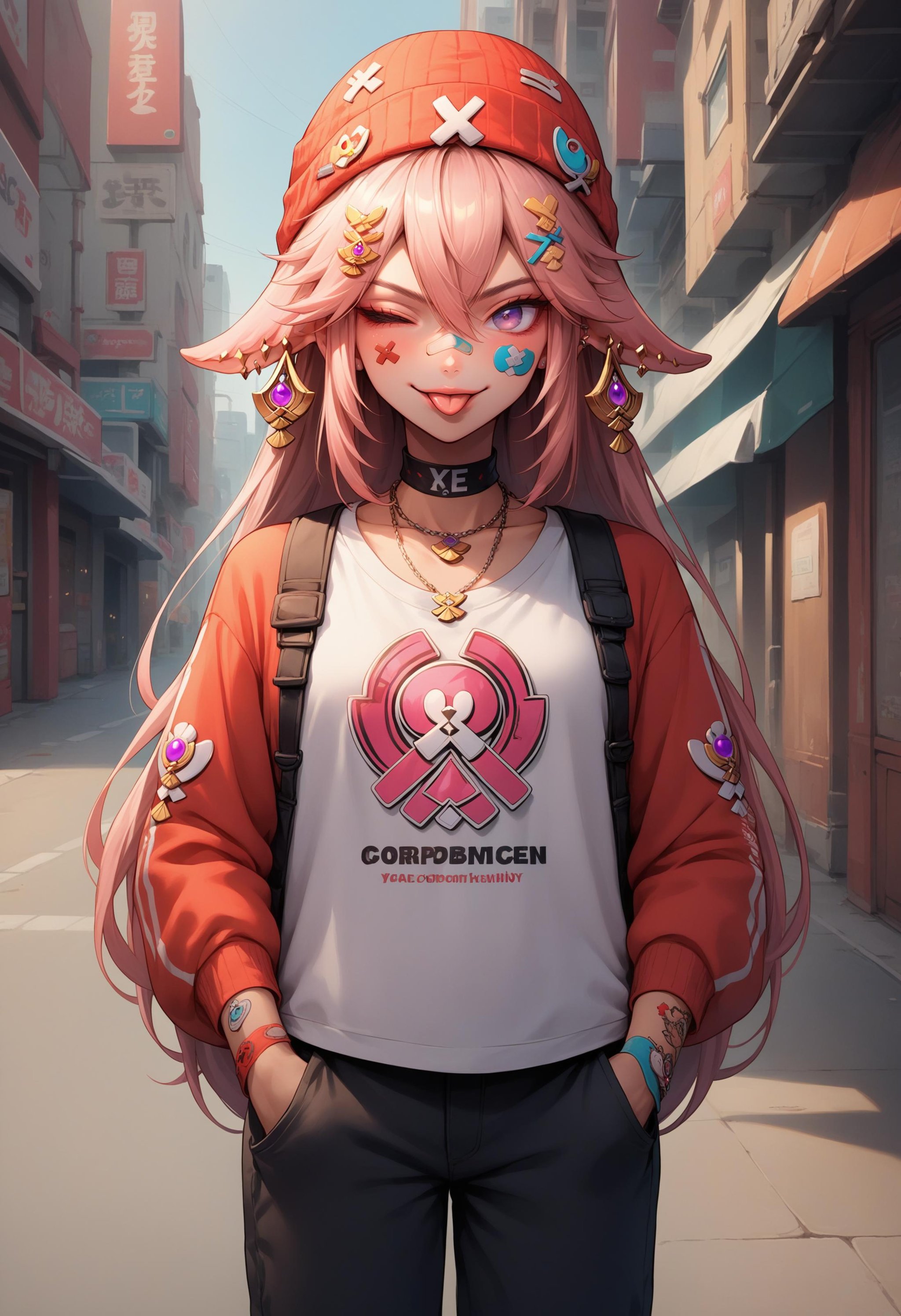 score_9, score_8_up, score_7_up, source_anime, 1girl, jewelry, sticker, hair ornament, hairclip, ear piercing, bandaid on face, ring, choker, necklace, bandaid on hand, tattoo, <lora:ArtstyleStickerV2_XLPD:1.25>, shirt, tongue out, one eye closed, hat, beanie, colorful, seductive smile, baggy pants, hands in pocket, street, cowboy shot, yae miko,