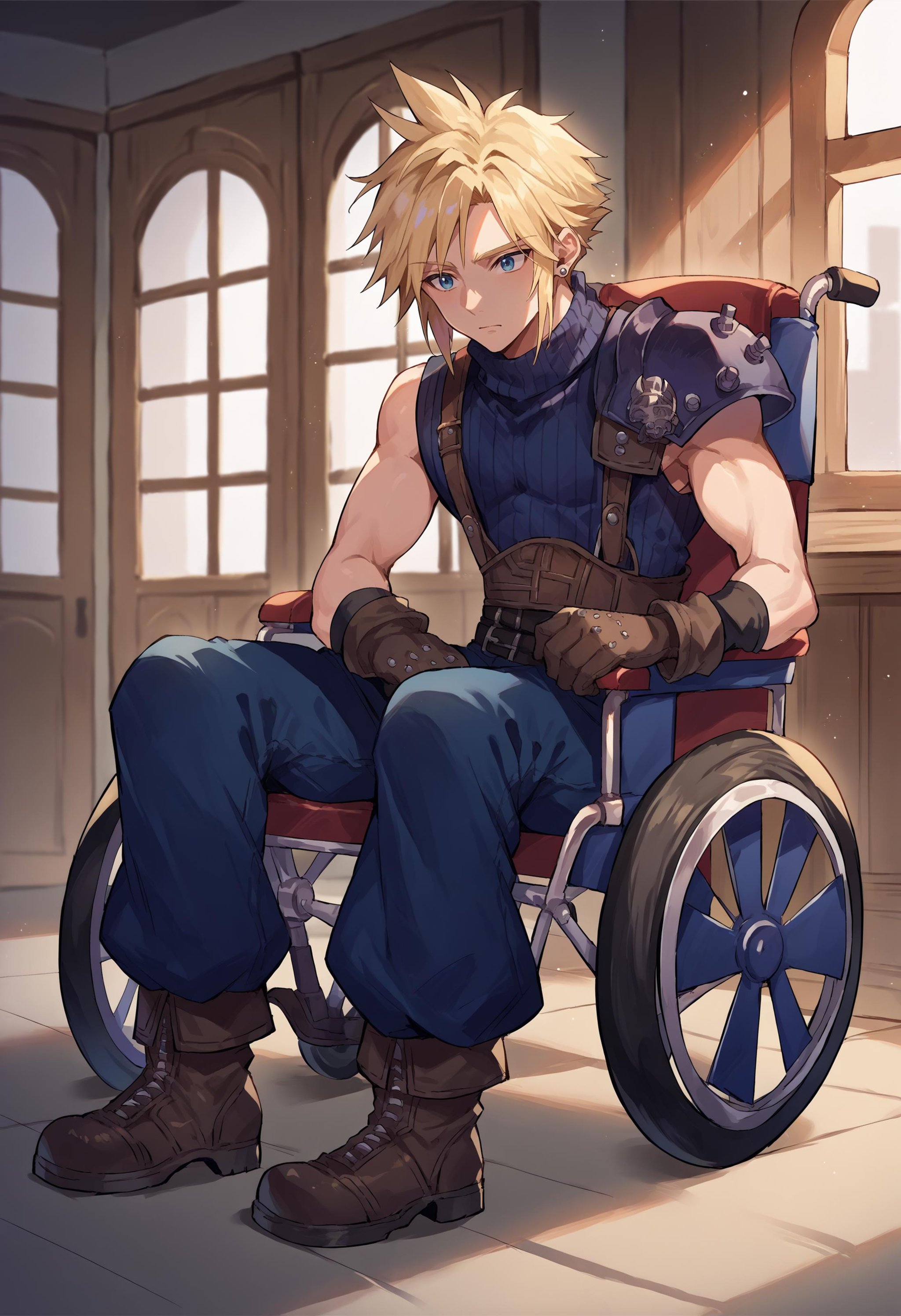 score_9, score_8_up, score_7_up, source_anime, 1boy, wheelchair, <lora:Wheelchair_XLPD-000006:1>, sitting, full body, indoors, <lora:cloudstrife-pdxl-nvwls-v1:1>, defCloud, blonde hair, single earring, suspenders, shoulder armor, sleeveless turtleneck, belt, baggy pants, blue pants, gloves, boots,