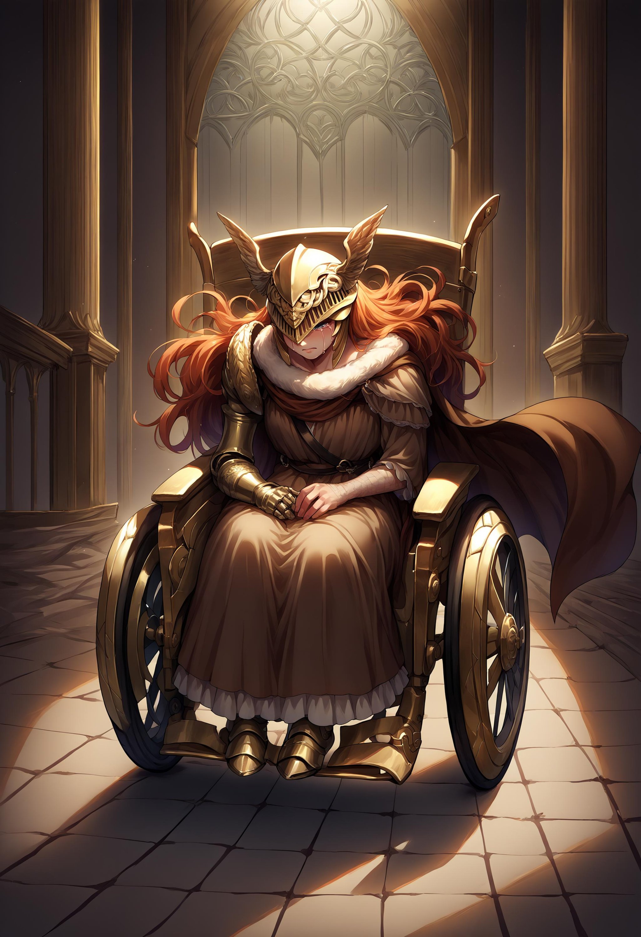 score_9, score_8_up, score_7_up, source_anime, 1girl, full body, indoors, wheelchair, <lora:Wheelchair_XLPD:1>, sitting, <lora:Malenia_XLPD:1>, MaleniaDef, armor, cape, winged helmet, brown dress, prothestic leg, single mechanical arm, prosthesis, mechanical leg, crying, 