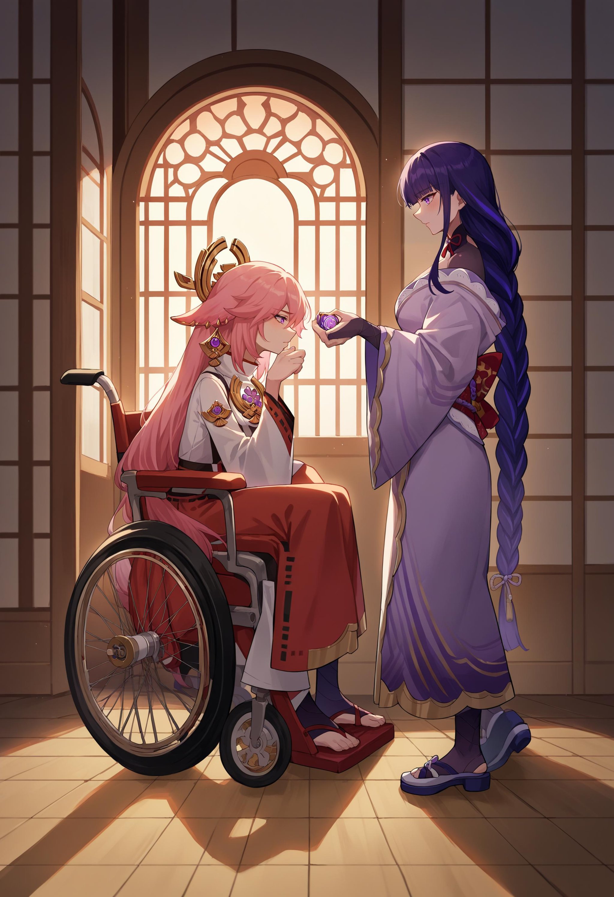 score_9, score_8_up, score_7_up, source_anime, 2girls, full body, indoors, from side, BREAK wheelchair, <lora:Wheelchair_XLPD:1>, sitting, yae miko, BREAK raiden shogun, standing, 