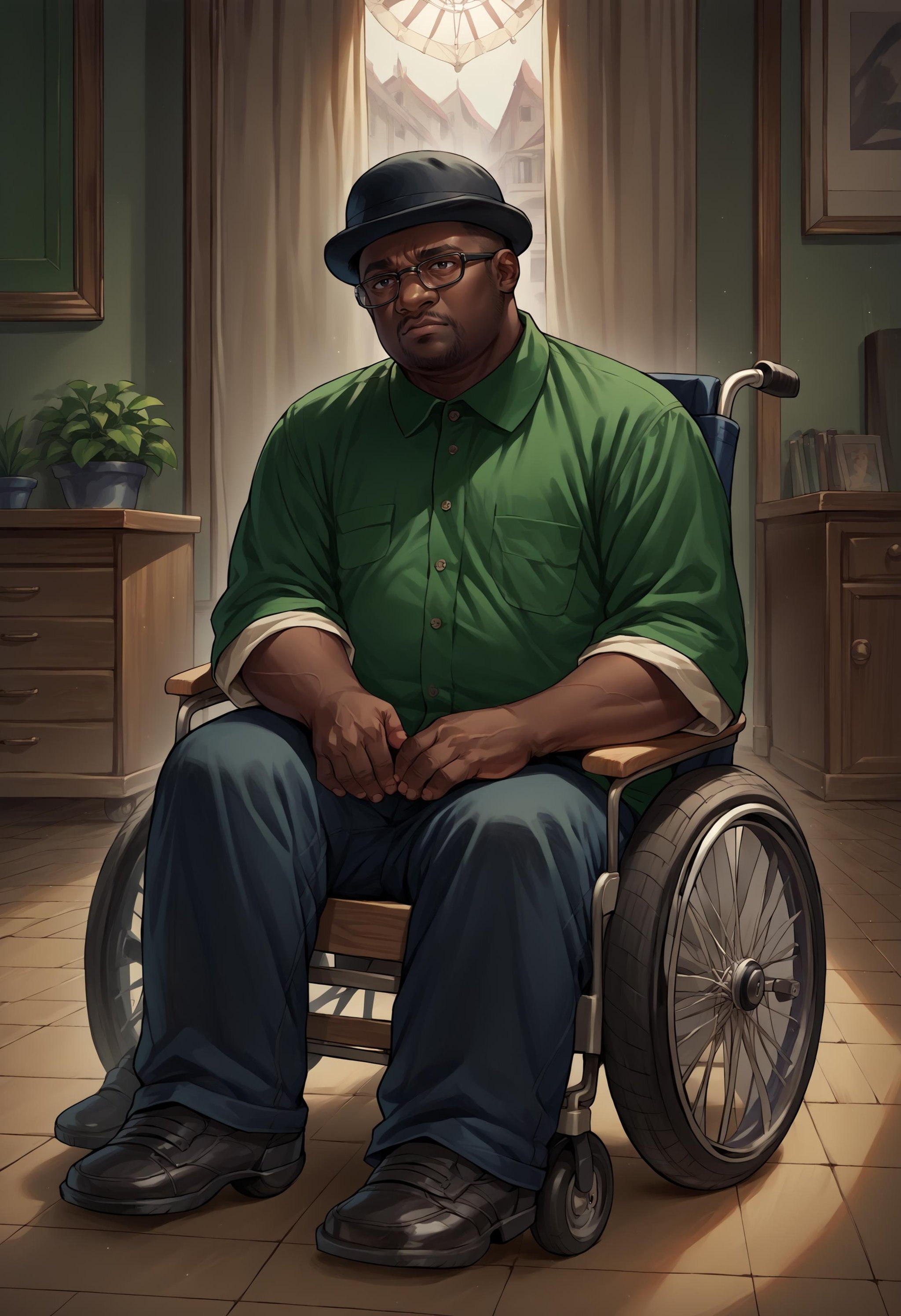 score_9, score_8_up, score_7_up, source_anime, 1boy, full body, indoors, wheelchair, <lora:Wheelchair_XLPD:1>, sitting, <lora:BigSmoke_XLPD:1>, BigSmoke, black eyes, dark-skinned male, facial hair, glasses, black headwear, green shirt, pants