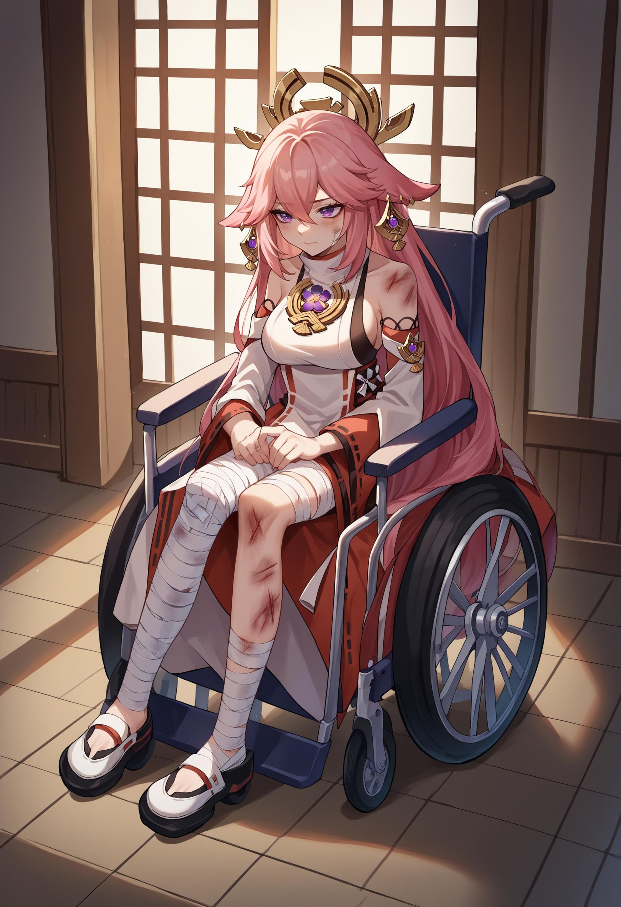 score_9, score_8_up, score_7_up, source_anime, 1girl, wheelchair, <lora:Wheelchair_XLPD-000006:1>, sitting, full body, indoors, yae miko, bandages, bandaged leg, injury, 