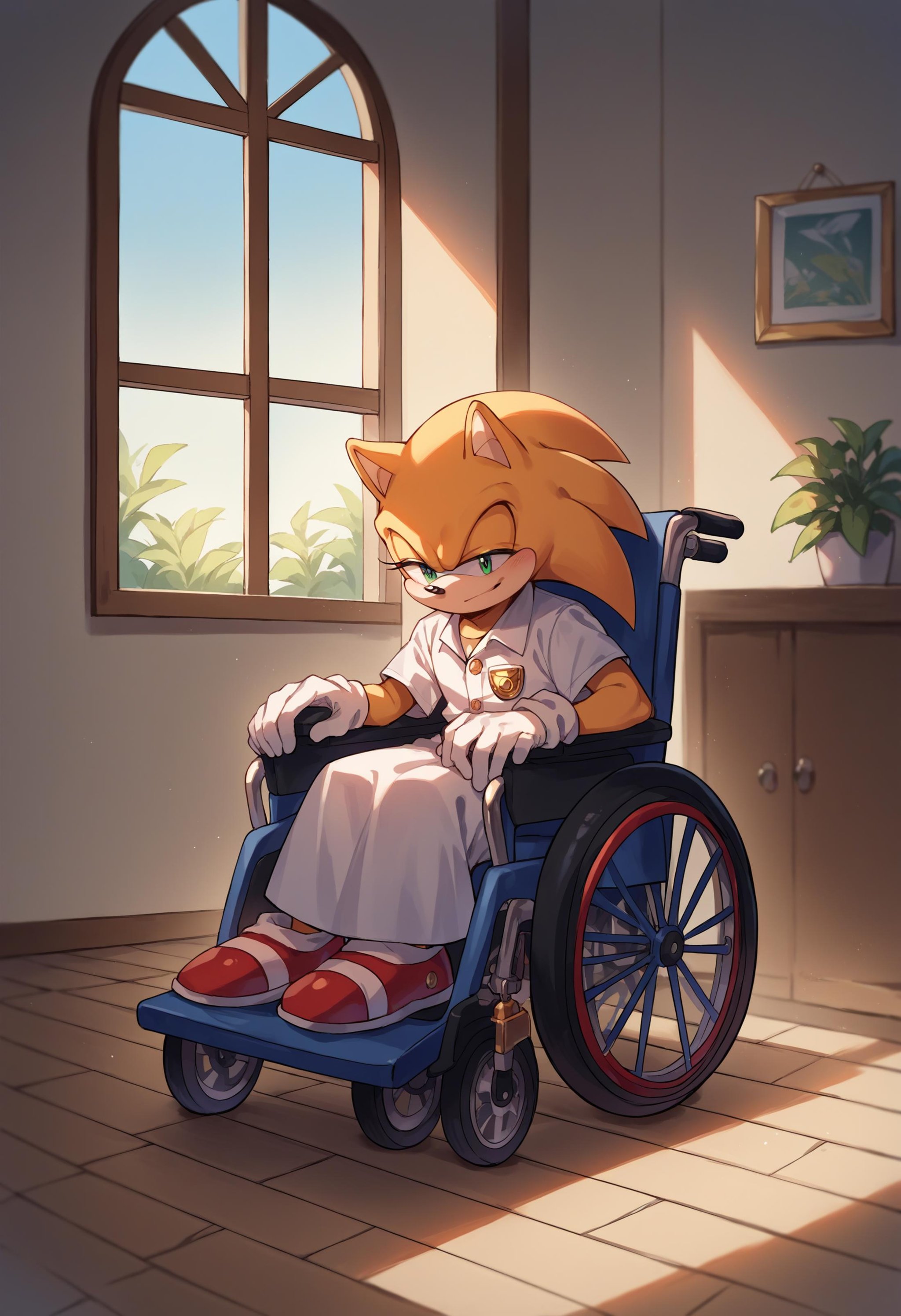 score_9, score_8_up, score_7_up, source_anime, full body, indoors, wheelchair, <lora:Wheelchair_XLPD:1>, sitting, sonic the hedgehog, sonic \(series\), 