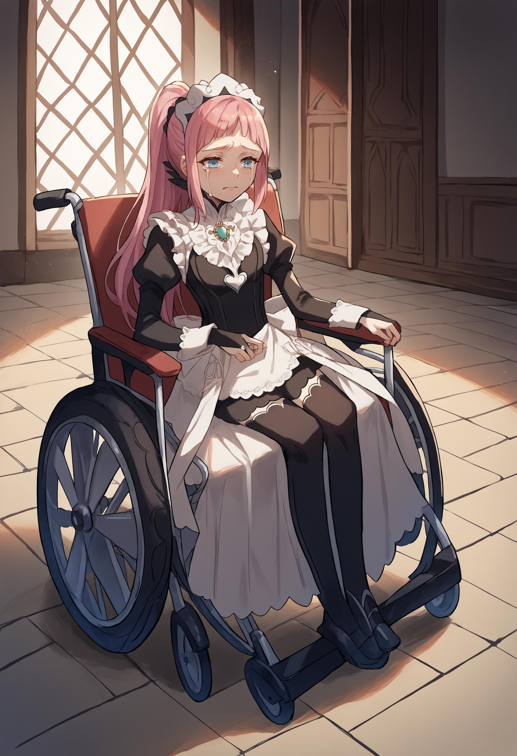 score_9, score_8_up, score_7_up, source_anime, 1girl, wheelchair, <lora:Wheelchair_XLPD-000006:1>, sitting, full body, indoors, <lora:felicia-fe-richy-v1_xl:1> feliciadef, pink hair, ponytail, blue eyes, maid headdress, brooch, maid apron, black thighhighs, bridal gauntlets, crying with eyes open, 