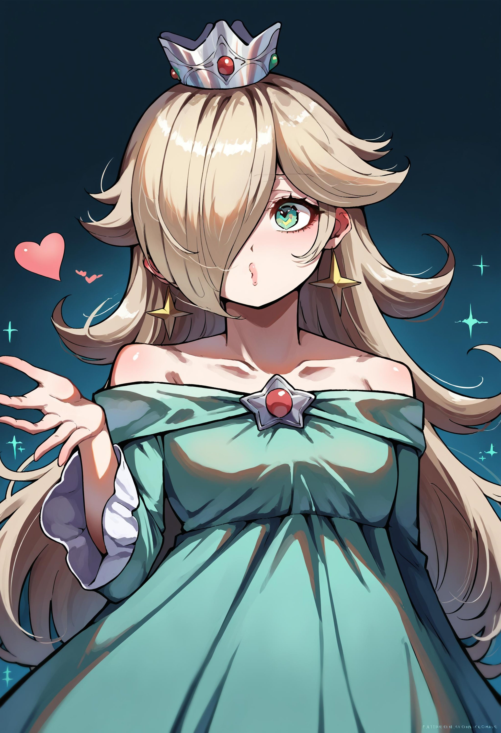 score_9, score_8_up, score_7_up, source_anime, 1girl, IncrsBlowingKiss, heart, blowing kiss, <lora:FrierenBlowingKissMeme_XLPD:1>, <lora:Rosalina_XLPD:1>, hair over one eye, RslnDef, crown, bare shoulders, off-shoulder dress, long sleeves, blue dress, long dress, aqua dress, upper body, 