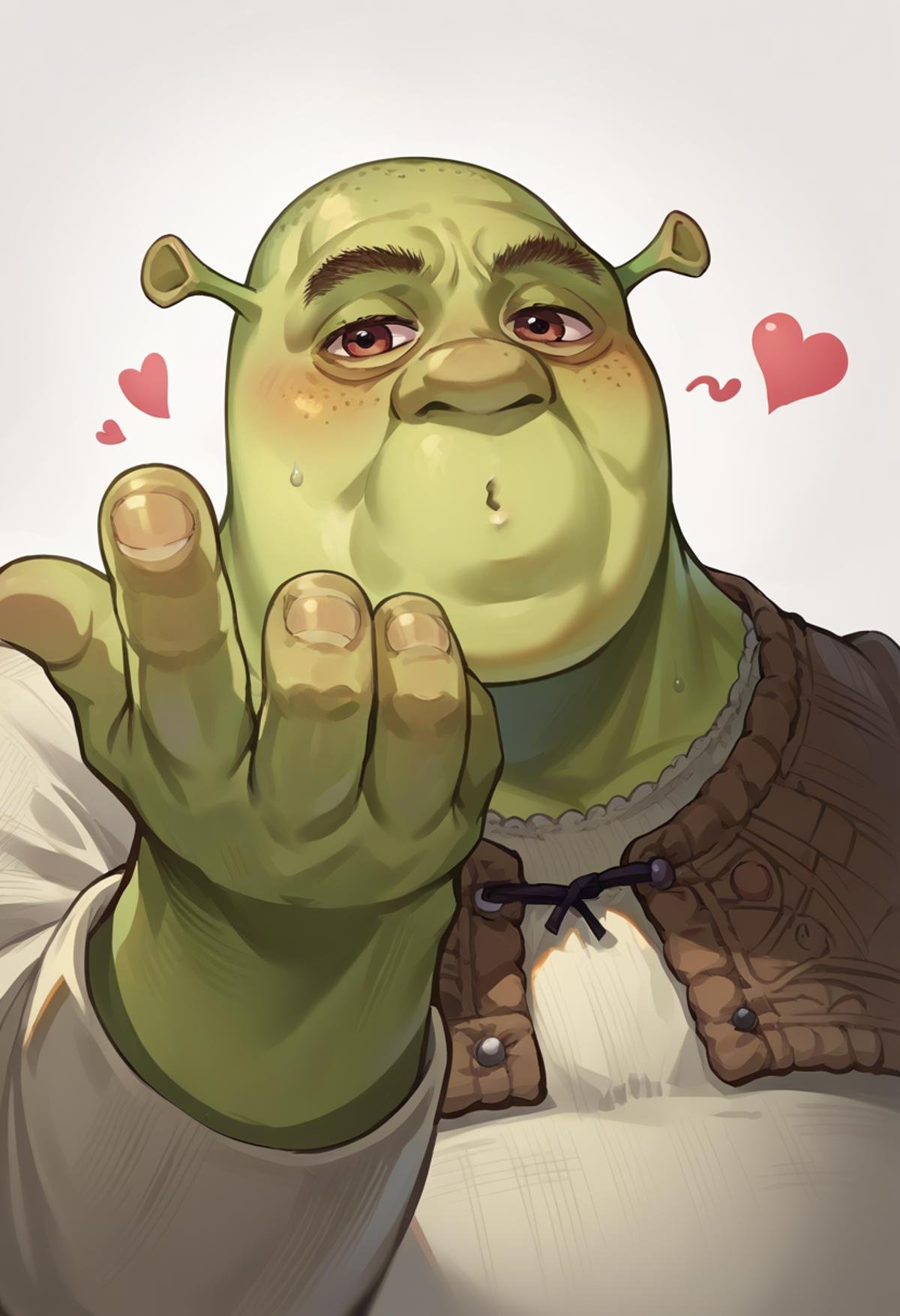 score_9, score_8_up, score_7_up, source_anime, 1boy, IncrsBlowingKiss, heart, blowing kiss, <lora:FrierenBlowingKissMeme_XLPD:1>, <lora:Shrek_XLPD:1> shrek, green skin