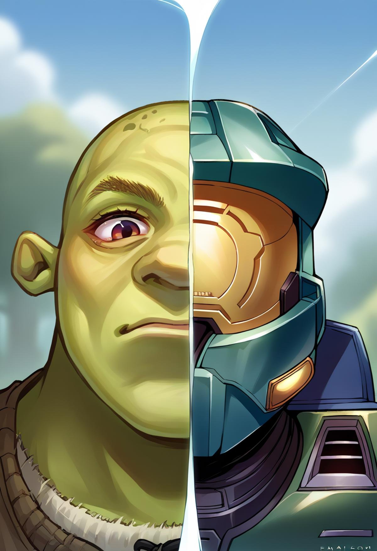 score_9, score_8_up, source_anime, <lora:Splitscreen_XLPD:0.6>, upper body, split screen, splitscreen, outdoors, BREAK <lora:Shrek_XLPD:1>, shrek, green skin, bald,BREAK <lora:masterchief-halo-richy-v1_pdxl:1>, masterchief, helmet, visor, power armor