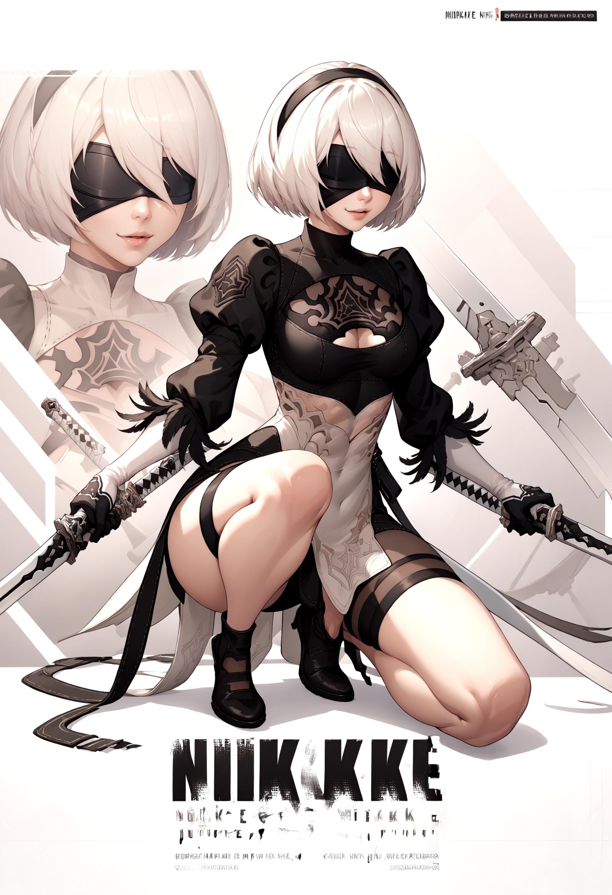 score_9, score_8_up, score_7_up, source_anime, IncrsNikkeProfile, full body, one knee, <lora:NIKKEProfile_PDXL:1>, 2b \(nier:automata\), blindfold, holding sword, sheathed, 