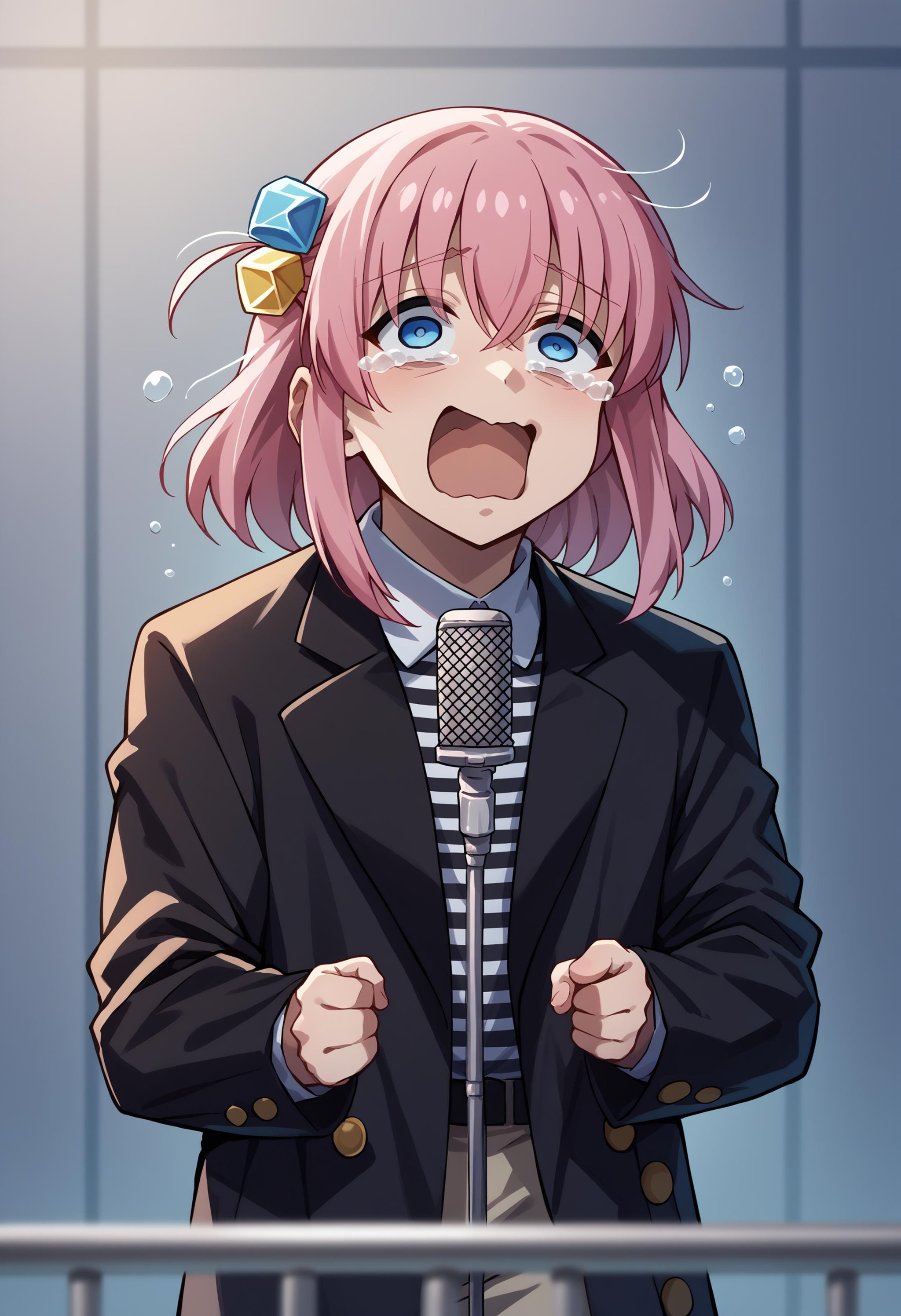 score_9, score_8_up, score_7_up, source_anime, 1boy, IncrsNeverGonnaGiveUUp, smile, looking at viewer, microphone, microphone stand, upper body, black jacket, striped shirt, open mouth, suit, open jacket, <lora:NeverGonnaGiveYouUp_XLPD:1>, gotoh hitori, bocchi the rock!, pink hair, blue eyes, <lora:concept_aquascreaming_ponyXL:1> aquascreaming, screaming, crying with eyes open