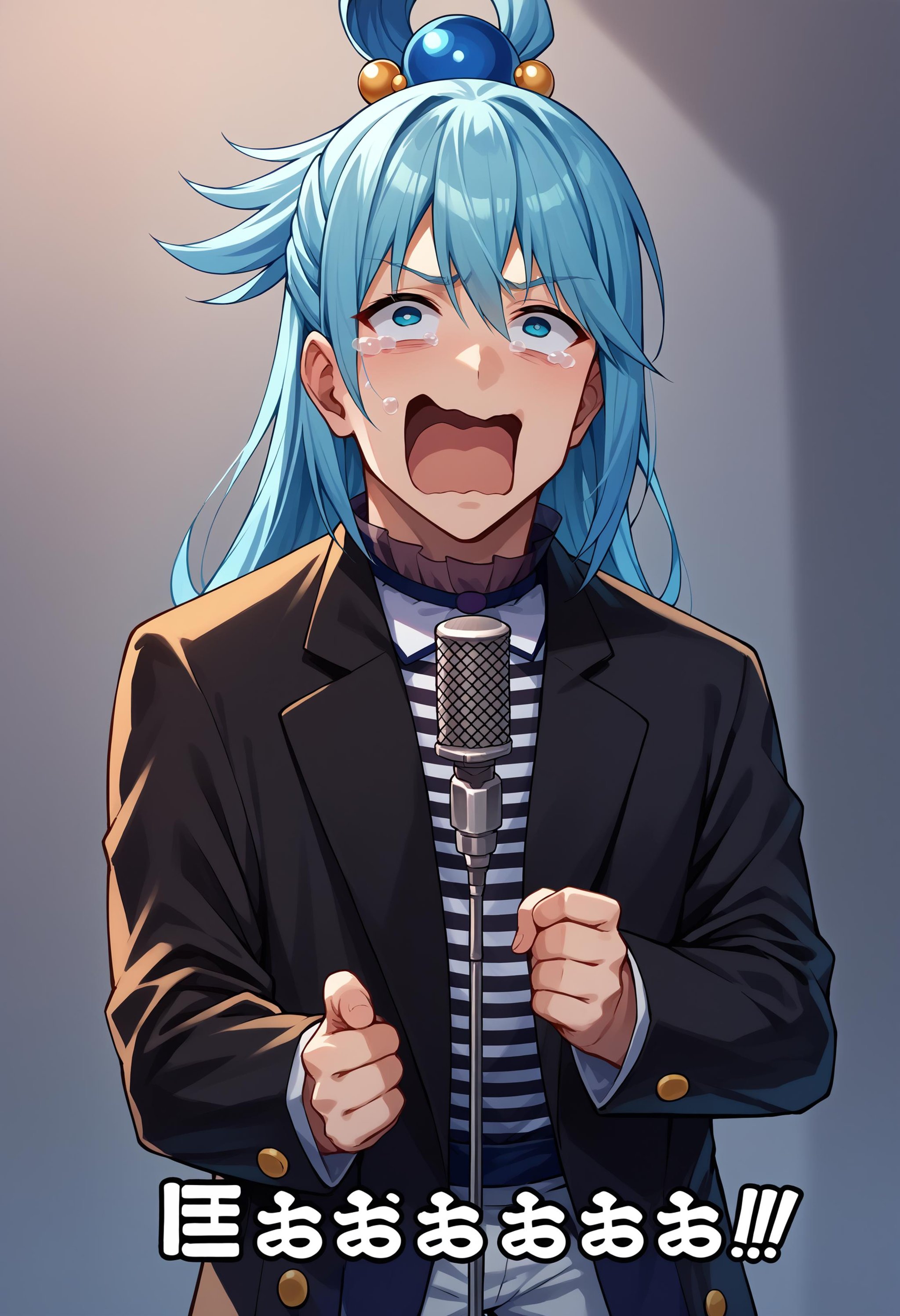 score_9, score_8_up, score_7_up, source_anime, 1boy, IncrsNeverGonnaGiveUUp, smile, looking at viewer, microphone, microphone stand, upper body, black jacket, striped shirt, open mouth, suit, open jacket, <lora:NeverGonnaGiveYouUp_XLPD:1>, <lora:concept_aquascreaming_ponyXL:1> aquascreaming, screaming, crying with eyes open, aqua \(konosuba\), 