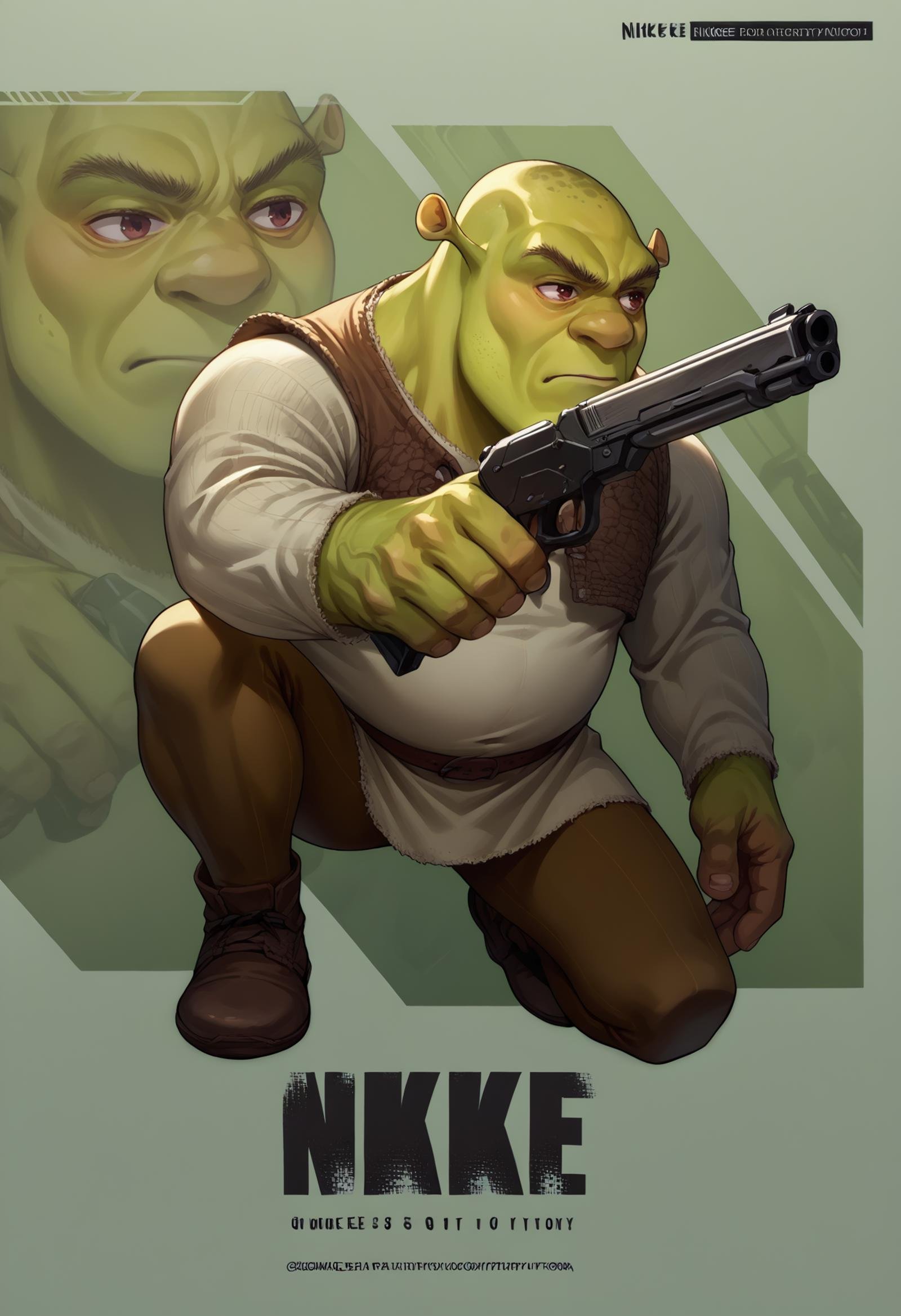 score_9, score_8_up, score_7_up, source_anime, 1boy, IncrsNikkeProfile, full body, zoom layer, on one knee, holding weapon, holding gun, <lora:NikkeProfileV2_XLPD:1>, <lora:Shrek_XLPD:1> shrek, green skin