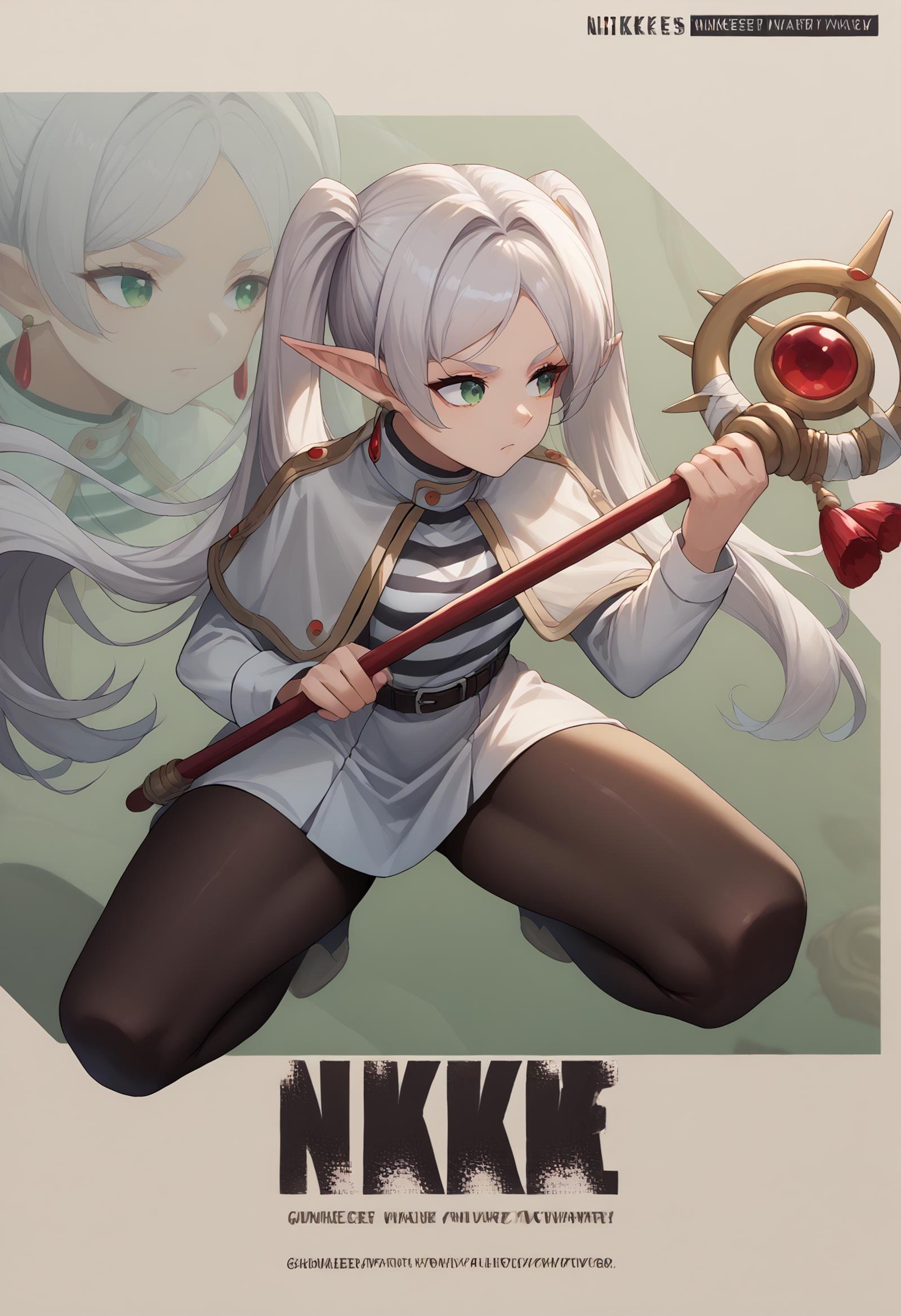 score_9, score_8_up, score_7_up, source_anime, 1girl, IncrsNikkeProfile, full body, zoom layer, on one knee, holding weapon, holding staff, <lora:NikkeProfileV2_XLPD:1>, FrierenBase, green eyes, white hair, long hair, twintails, earrings, white capelet, striped shirt, long sleeves, belt, white skirt, black pantyhose, <lora:ChamFrierenPonyXL:1>, <lora:UBW_XLPD:1>