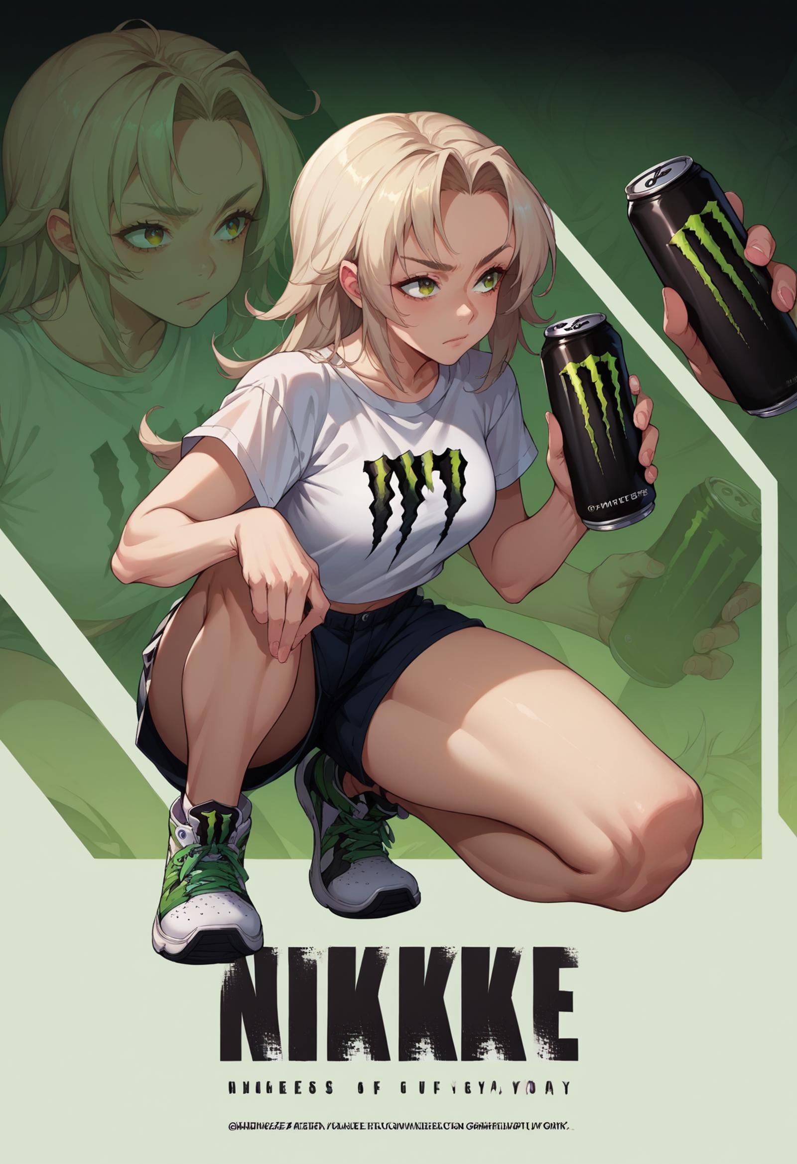 score_9, score_8_up, score_7_up, source_anime, 1girl, IncrsNikkeProfile, full body, zoom layer, on one knee, <lora:NikkeProfileV2_XLPD:1>, monster energy, holding monster energy, 