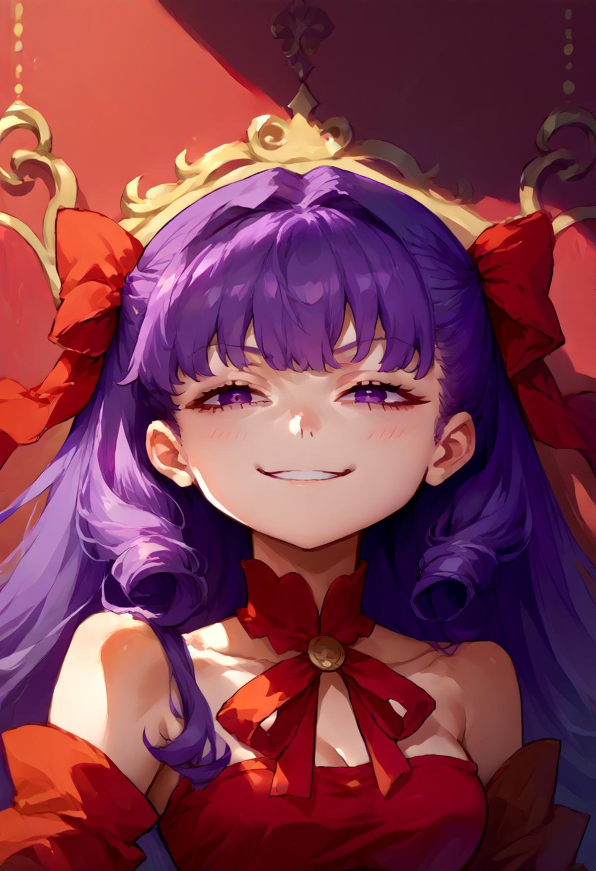 score_9, score_8_up, source_anime, 1girl, incrsanyashehfacememe, <lora:AnyasHehFaceMeme_XLPD:1>, <lora:ChamBBFatePonyXL:0.8>, BBFate, purple eyes, long hair, purple hair, hair ribbon, red ribbon,