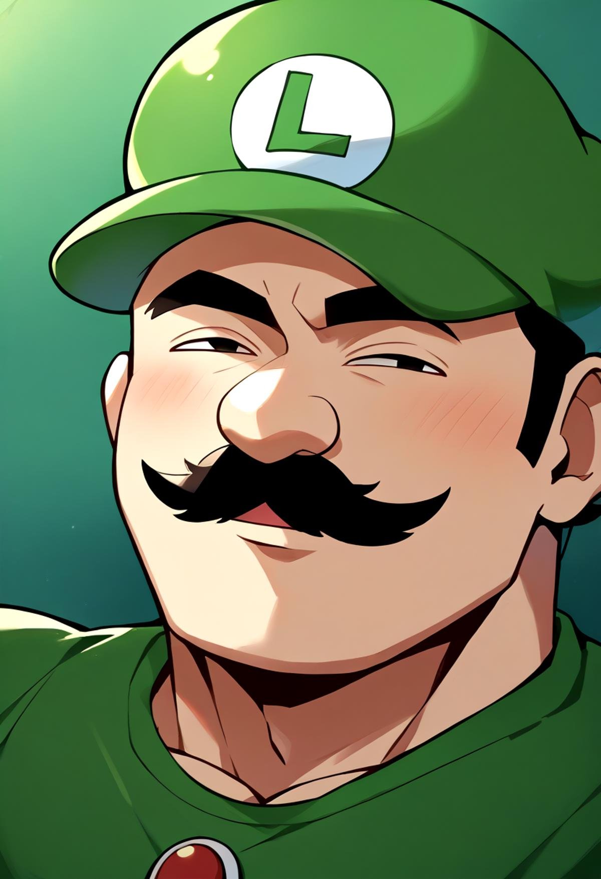 score_9, score_8_up, source_anime, 1boy, incrsanyashehfacememe, <lora:AnyasHehFaceMeme_XLPD:1>, luigi, mario \(series\), mustache, hat, muscular, 