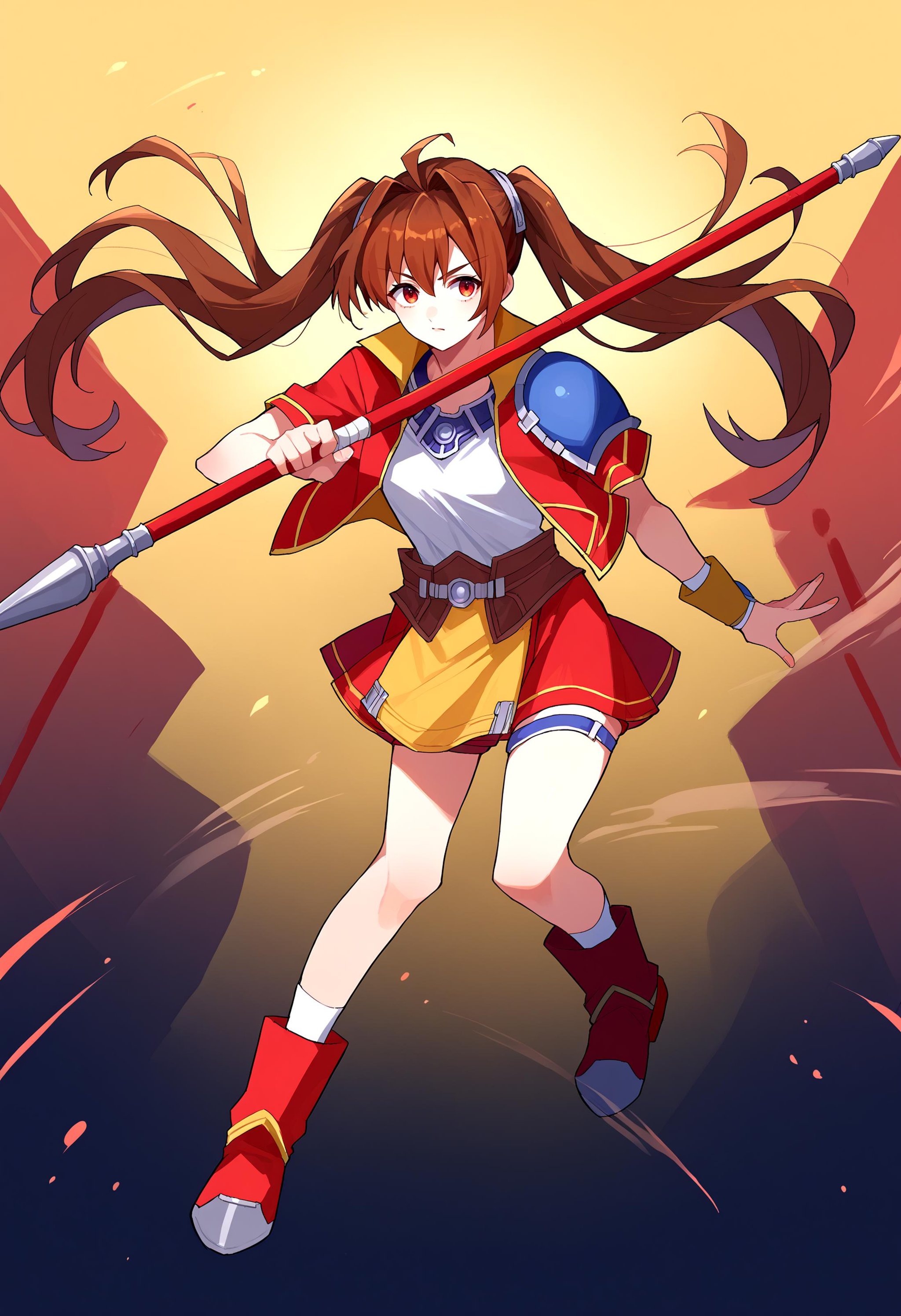 score_9, score_8_up, source_anime, 1girl, solo, holding weapon, holding, weapon, Spear, <lora:UBW_XLPD:1>, full body, brown hair, twintails, red jacket, blue shoulder pad, white shirt, red skirt, short shorts, red boots,[:, <lora:estelle-pdxl-nvwls-v1:1>, fcEstelle, twintails, red jacket, blue shoulder pad, white shirt, red skirt, short shorts, red boots:16]