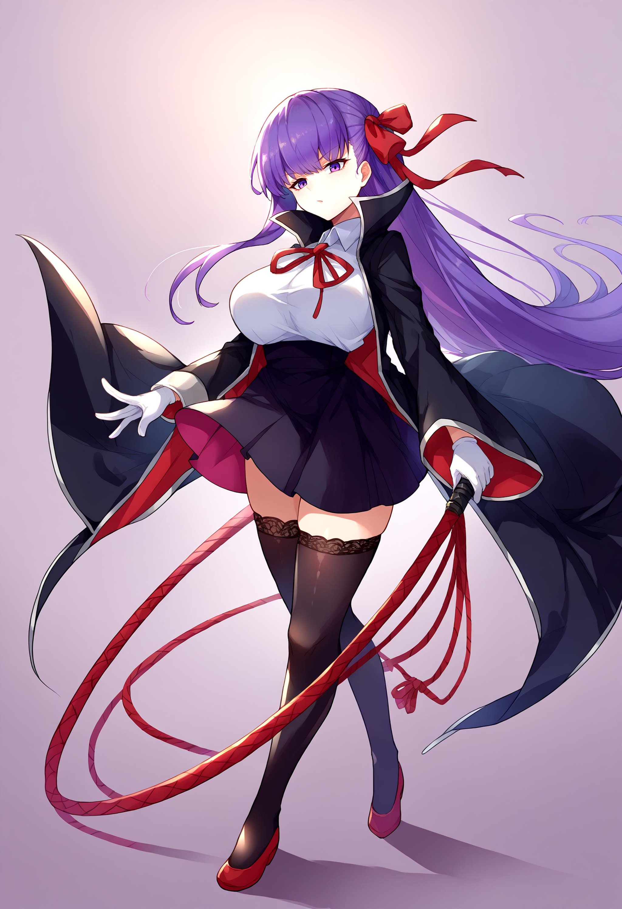 score_9, score_8_up, source_anime, 1girl, solo, holding weapon, holding, weapon, Whip, <lora:UBW_XLPD:1>, full body, purple eyes, long hair, purple hair, hair ribbon, neck ribbon, red ribbon, white shirt, black skirt, high-waist skirt, white gloves, black thighhighs, lace-trimmed legwear, black coat, popped collar,[:, <lora:ChamBBFatePonyXL:1>, BBBase, purple eyes, long hair, purple hair, hair ribbon, neck ribbon, red ribbon, white shirt, black skirt, high-waist skirt, white gloves, black thighhighs, lace-trimmed legwear, black coat, popped collar:16] 