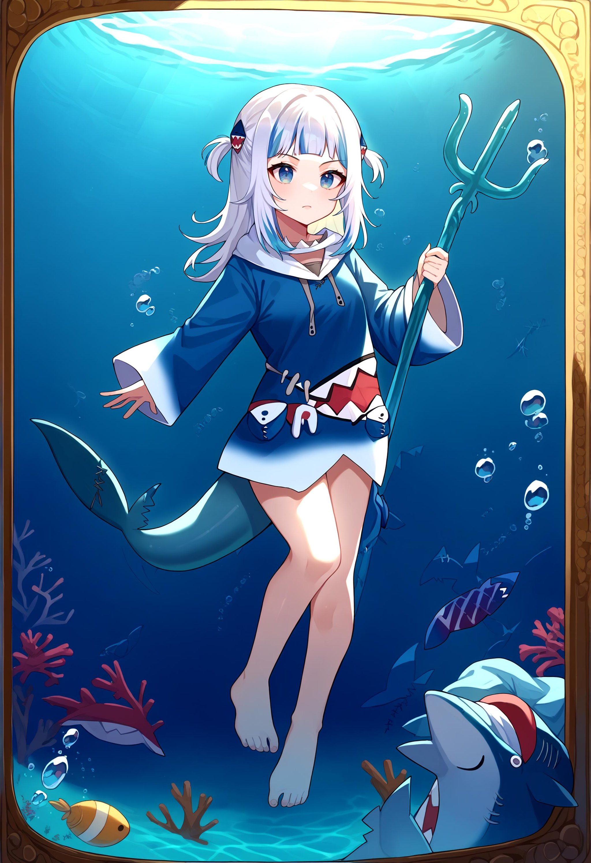 score_9, score_8_up, source_anime, 1girl, solo, holding weapon, holding, weapon, Trident, <lora:UBW_XLPD:1>, full body, gawr gura, blue hoodie, two side up, shark hair ornament, shark tail, shark hood, underwater, [:, <lora:guraXL:1> gawr gura, blue hoodie, two side up, shark hair ornament, shark tail, shark hood:16]