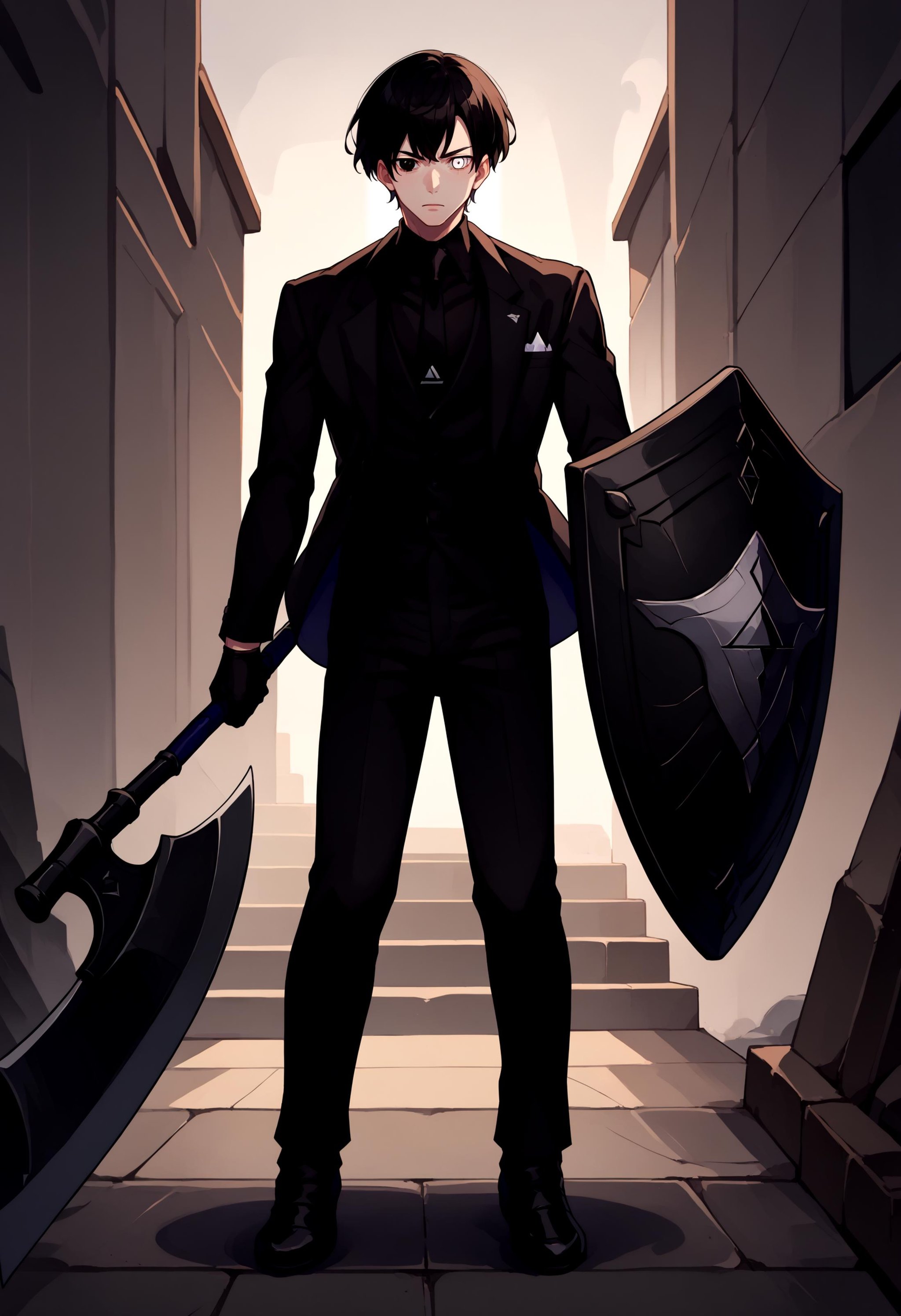 score_9, score_8_up, source_anime, 1boy, solo, holding weapon, holding, weapon, Shield, axe, <lora:UBW_XLPD:1>, full body, heterochromia, black eyes, white eyes, formal, black jacket, black vest, black necktie, black gloves, black pants, black hair, [:, <lora:oc_justtnp_ponyXL:1>, justtnp, heterochromia, black eyes, white eyes, formal, black jacket, black vest, black necktie, black gloves, black pants:16]