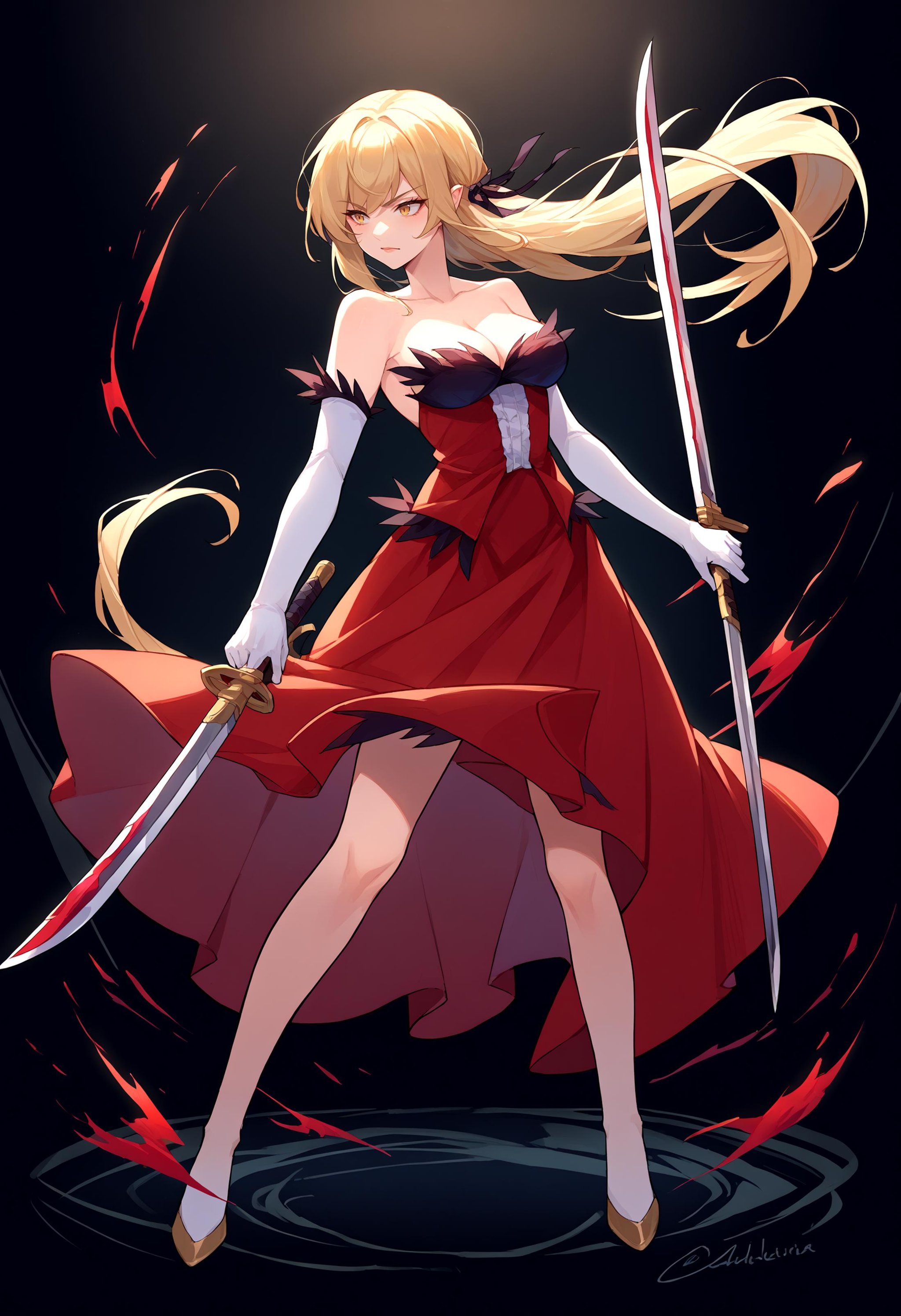 score_9, score_8_up, source_anime, 1girl, solo, holding weapon, holding, weapon, DualWielding, <lora:UBW_XLPD:1>, full body, <lora:bakemonogatari_kissshot_ponyXL:0.85>, kiss-shot, red dress, white gloves, elbow gloves, bare shoulders, cleavage