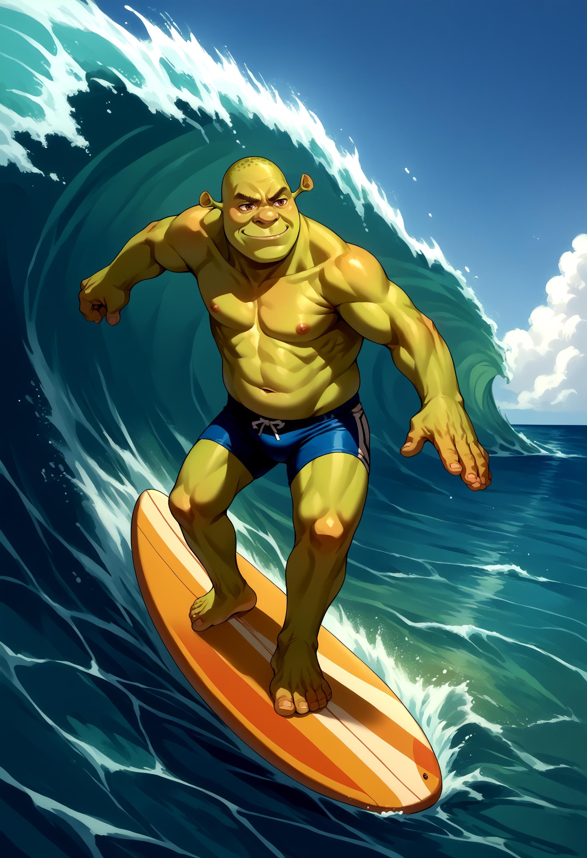 score_9, score_8_up, source_anime, 1boy, incrssurfing, surfing, swimsuit, barefoot, surfboard, <lora:Surfing_XLPD:1>, <lora:Shrek_XLPD:1>, shrek, green skin, smirk, waves, 