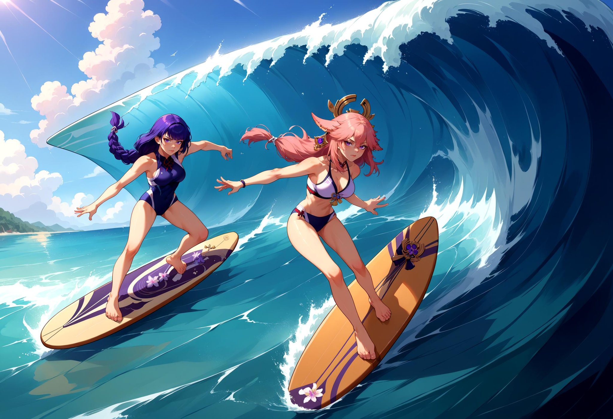 score_9, score_8_up, source_anime, 2girls, incrssurfing, surfing, swimsuit, barefoot, surfboard, <lora:Surfing_XLPD:1>, yae miko, raiden shogun, 