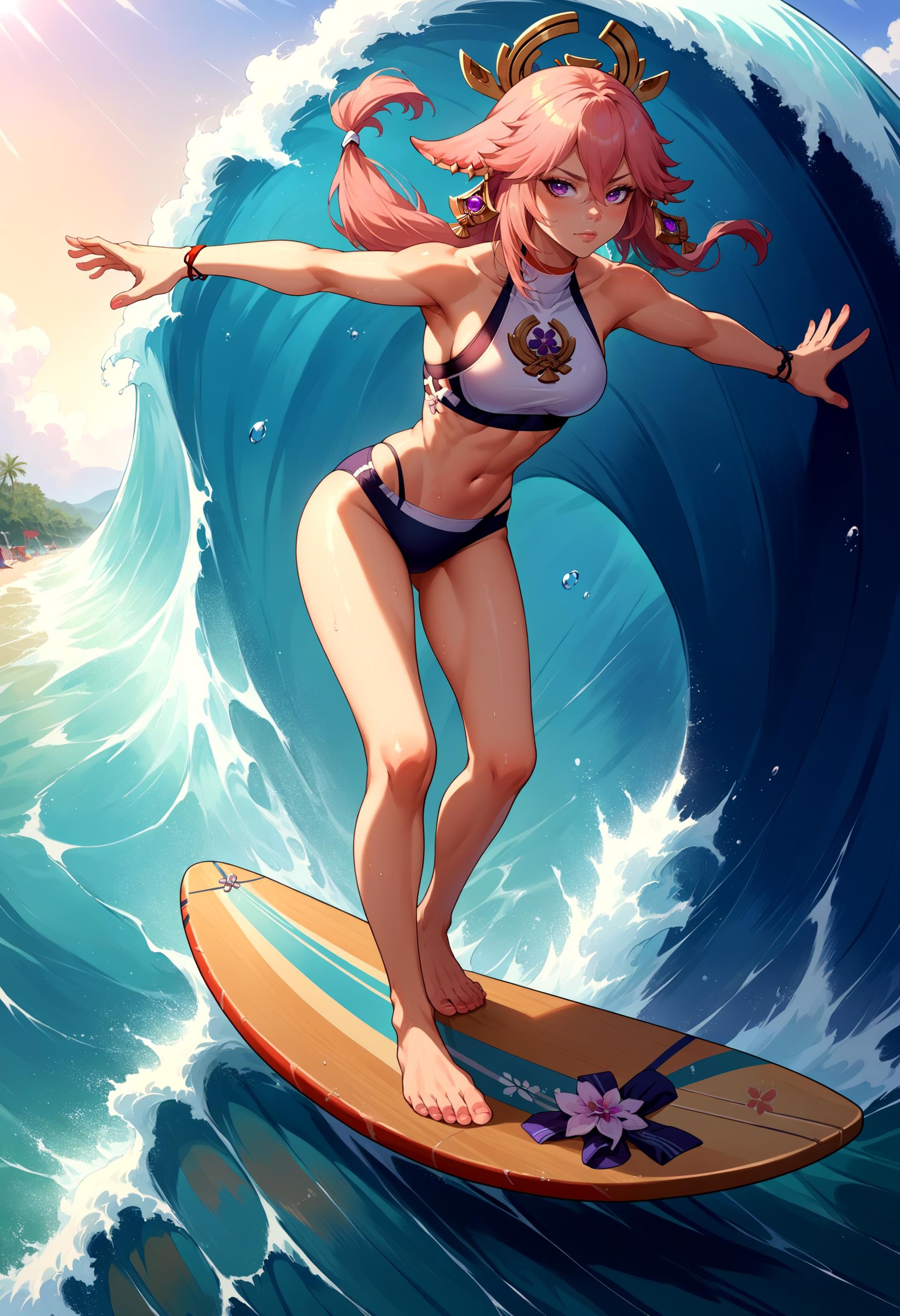 score_9, score_8_up, source_anime, 1girl, incrssurfing, surfing, swimsuit, barefoot, surfboard, <lora:Surfing_XLPD-000005:1>, yae miko, 