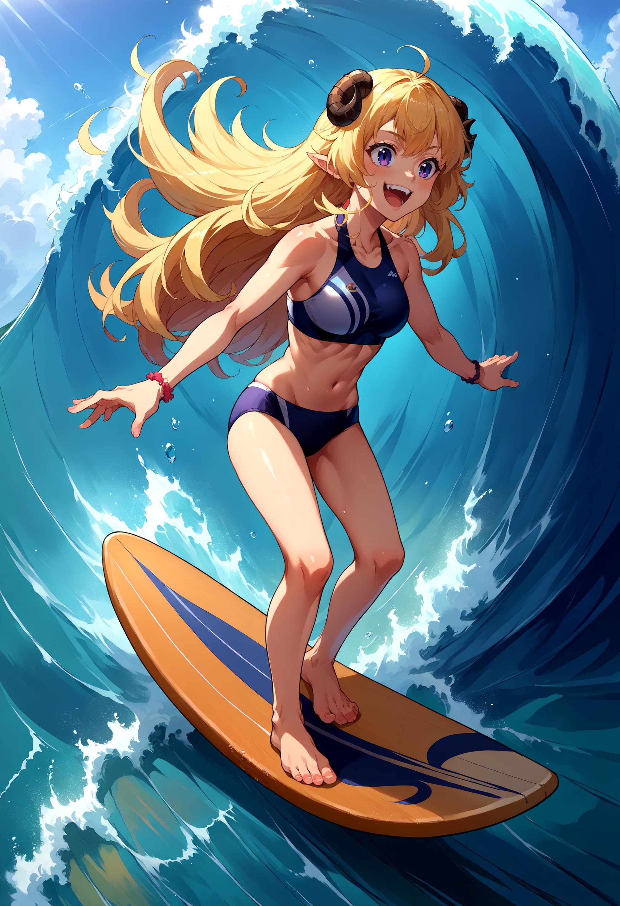 score_9, score_8_up, source_anime, 1girl, incrssurfing, surfing, swimsuit, barefoot, surfboard, <lora:Surfing_XLPD:1>, <lora:last_1:1>, TsunomakiWatame, horns, long hair, ahoge,happy, 