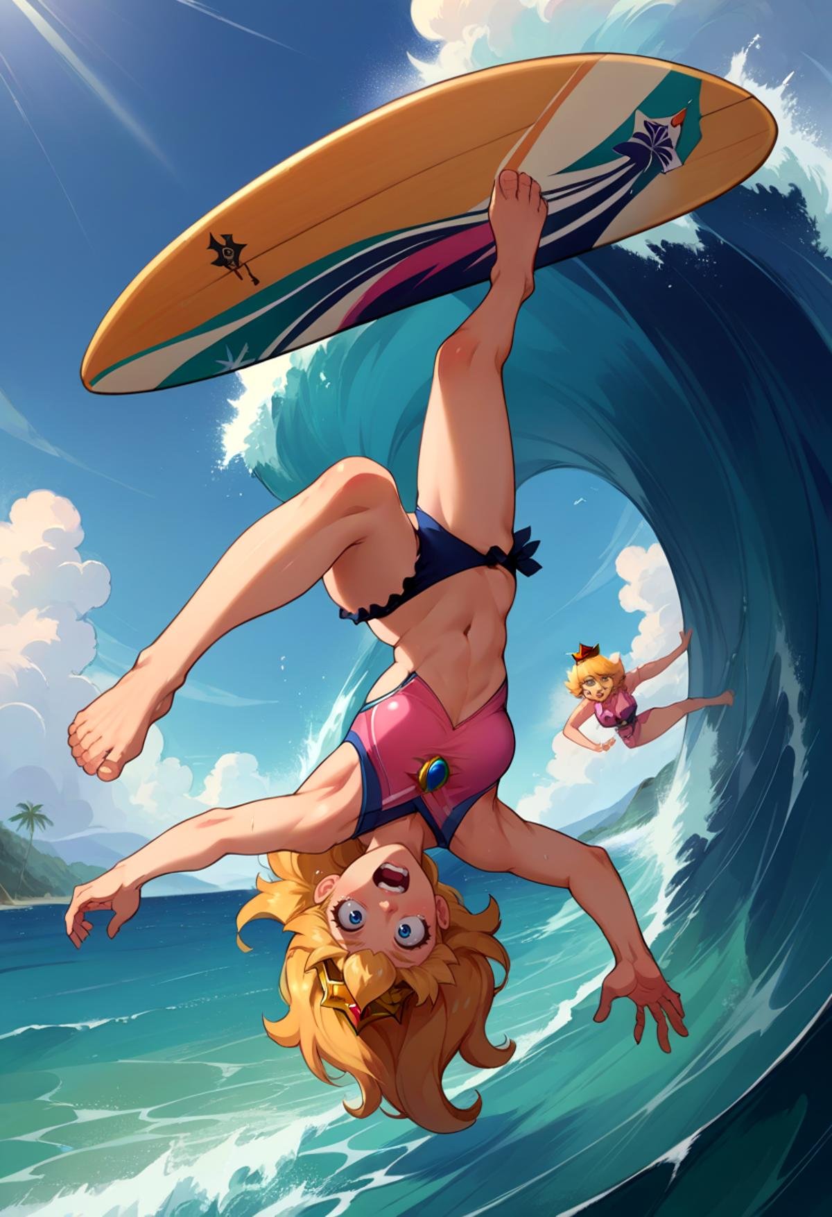 score_9, score_8_up, source_anime, 1boy, incrssurfing, surfing, swimsuit, barefoot, surfboard, <lora:Surfing_XLPD:1>, princess peach, crown, blonde hair, scared, flying, upside-down, 