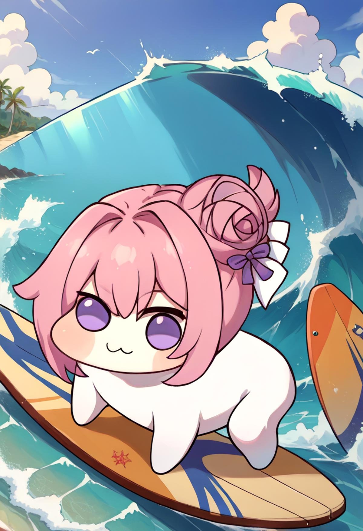 score_9, score_8_up, source_anime, incrssurfing, surfing, surfboard, <lora:Surfing_XLPD:1>, <lora:Doro_X_PDXL_V1:1>, doro, creature, :3, chibi, pink hair, purple eyes, hair bun, hair bow, no humans, white skin, four legs, solid circle eyes, no pupils, all fours, 