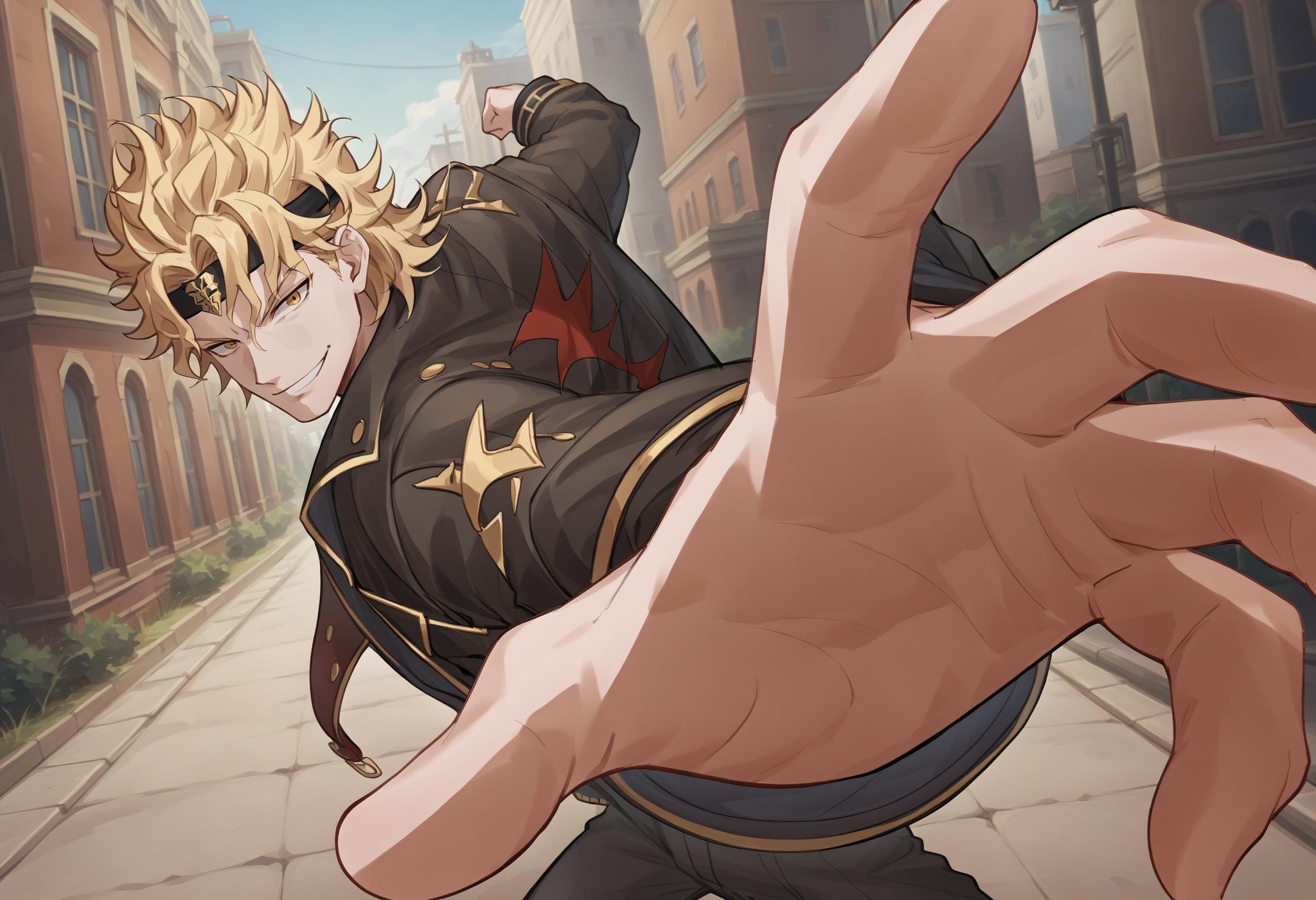 score_9, score_8_up, score_7_up, source_anime, IncrsPunchMeme, <lora:PepePunchMeme_XLPD:1>, 1boy, dio brando, jacket, headband, blonde hair, outdoors, evil smile, looking at viewer, 