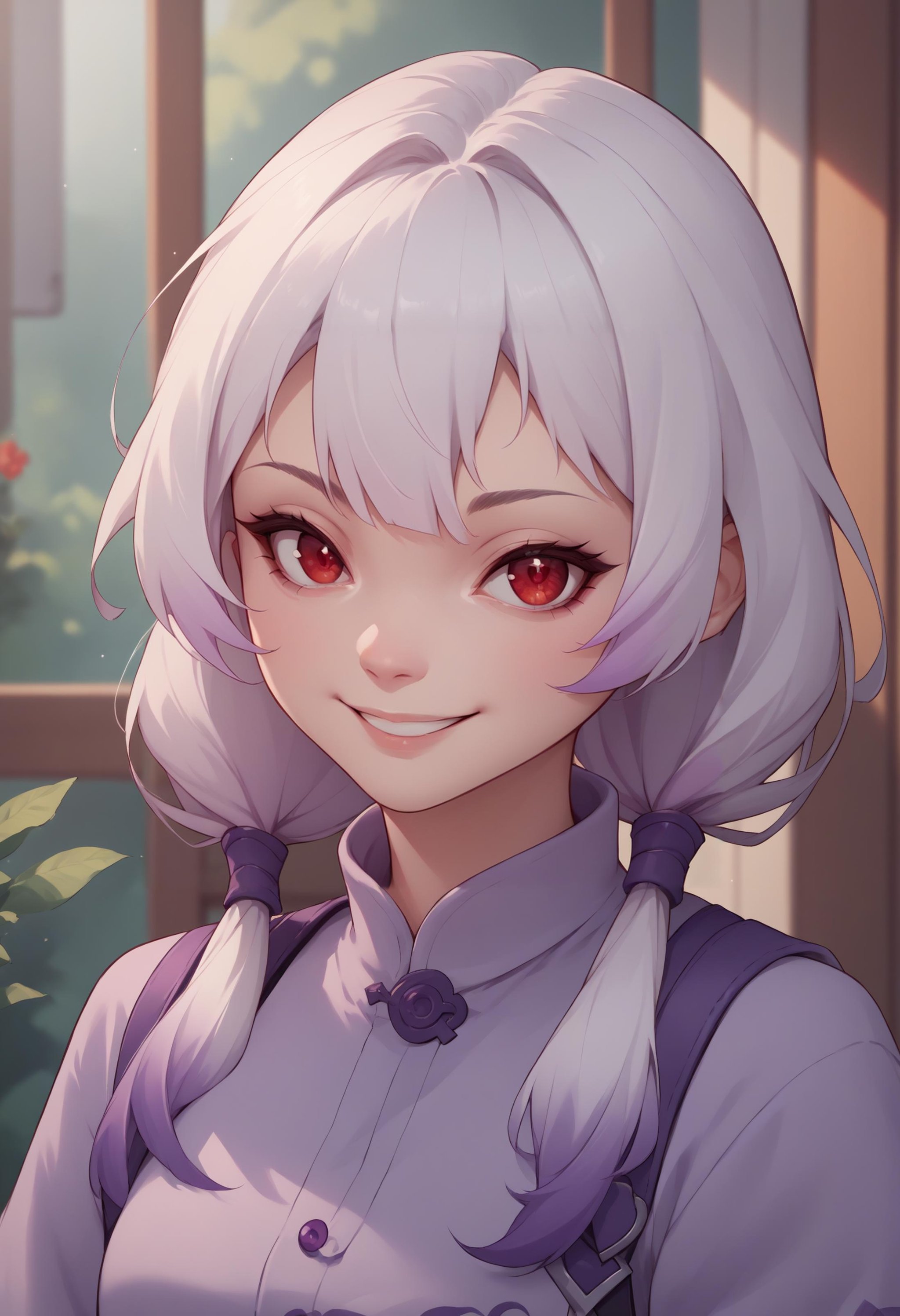 score_9, score_8_up, score_7_up, source_anime, 1girl, purple IncursioDipDyedHair, <lora:DipDyedHairXLPD-000009:1>, upper body, red eyes, shirt, red eyes, seductive smile, white hair, low twintails, 