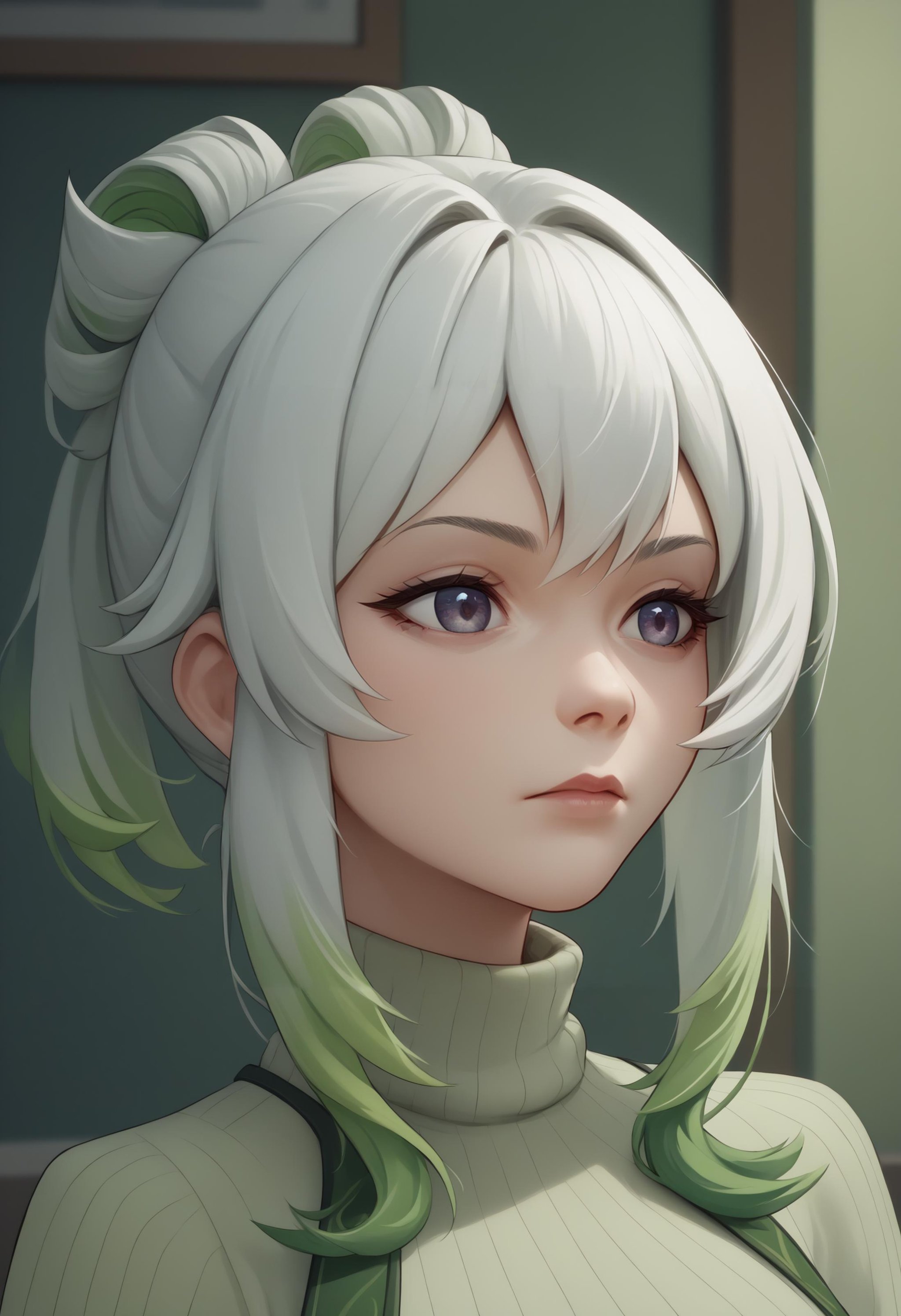 score_9, score_8_up, score_7_up, source_anime, 1girl, green IncursioDipDyedHair, <lora:DipDyedHairXLPD-000009:1>, upper body, turtleneck sweater, white hair, 