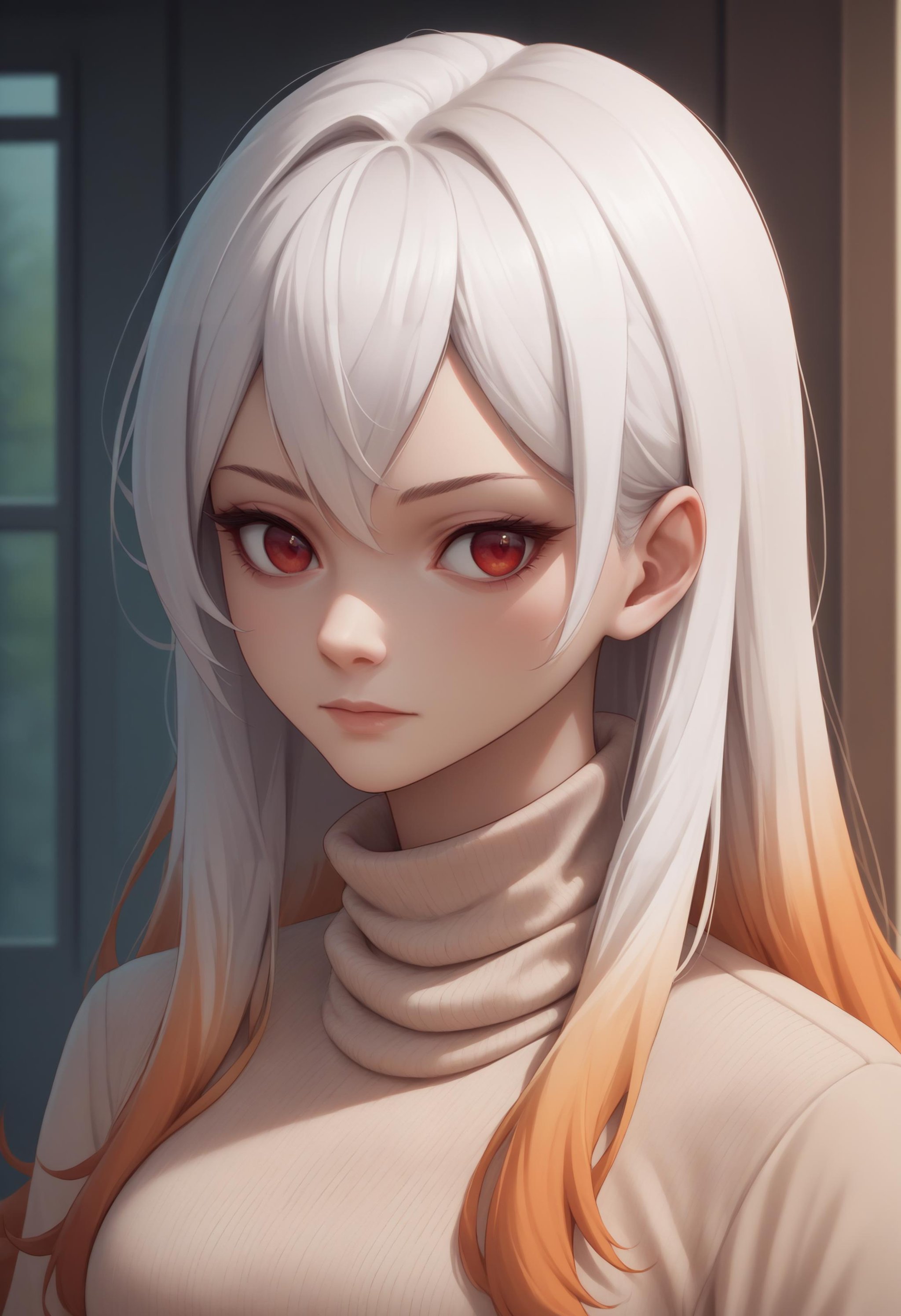 score_9, score_8_up, score_7_up, source_anime, 1girl, orange IncursioDipDyedHair, <lora:DipDyedHairXLPD-000009:1>, upper body, turtleneck sweater, white hair, long hair, red eyes, 