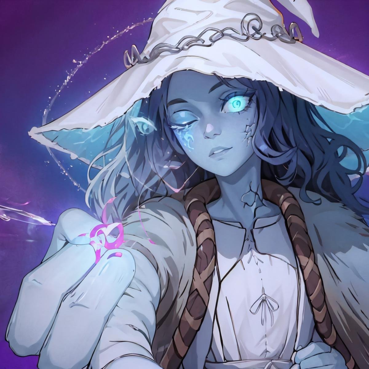 High Quality, Masterpiece, IncrsPurple, <lora:HollowPurpleMemeV2:1.1>, glowing, purple background, upper body, IncrsRanni, wavy hair, colored skin, blue skin, cracked skin, extra arms, extra faces, white dress, hat, cloak, <lora:Char_EldenRing_Ranni:0.9>