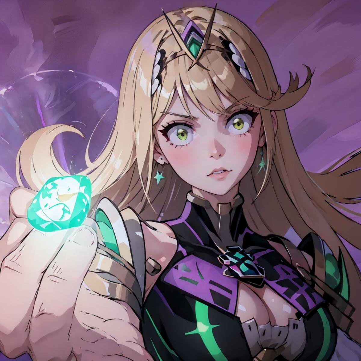 High Quality, Masterpiece, IncrsPurple, <lora:HollowPurpleMemeV2:1.1>, glowing, purple background, upper body, 1girl, mythradef, tiara, earrings, chest jewel, cleavage cutout, <lora:Char_Xenoblade_Mythra:1>