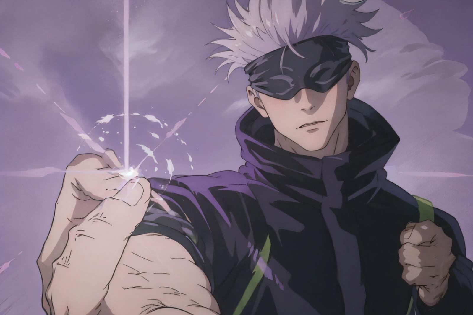 High Quality, Masterpiece, IncrsPurple, <lora:HollowPurpleMemeV2:1>, glowing, purple background, upper body, 1boy, satoru gojo, blindfold, black jacket, <lora:Char_JujutsuKaisen_SatoruGojo:0.9>