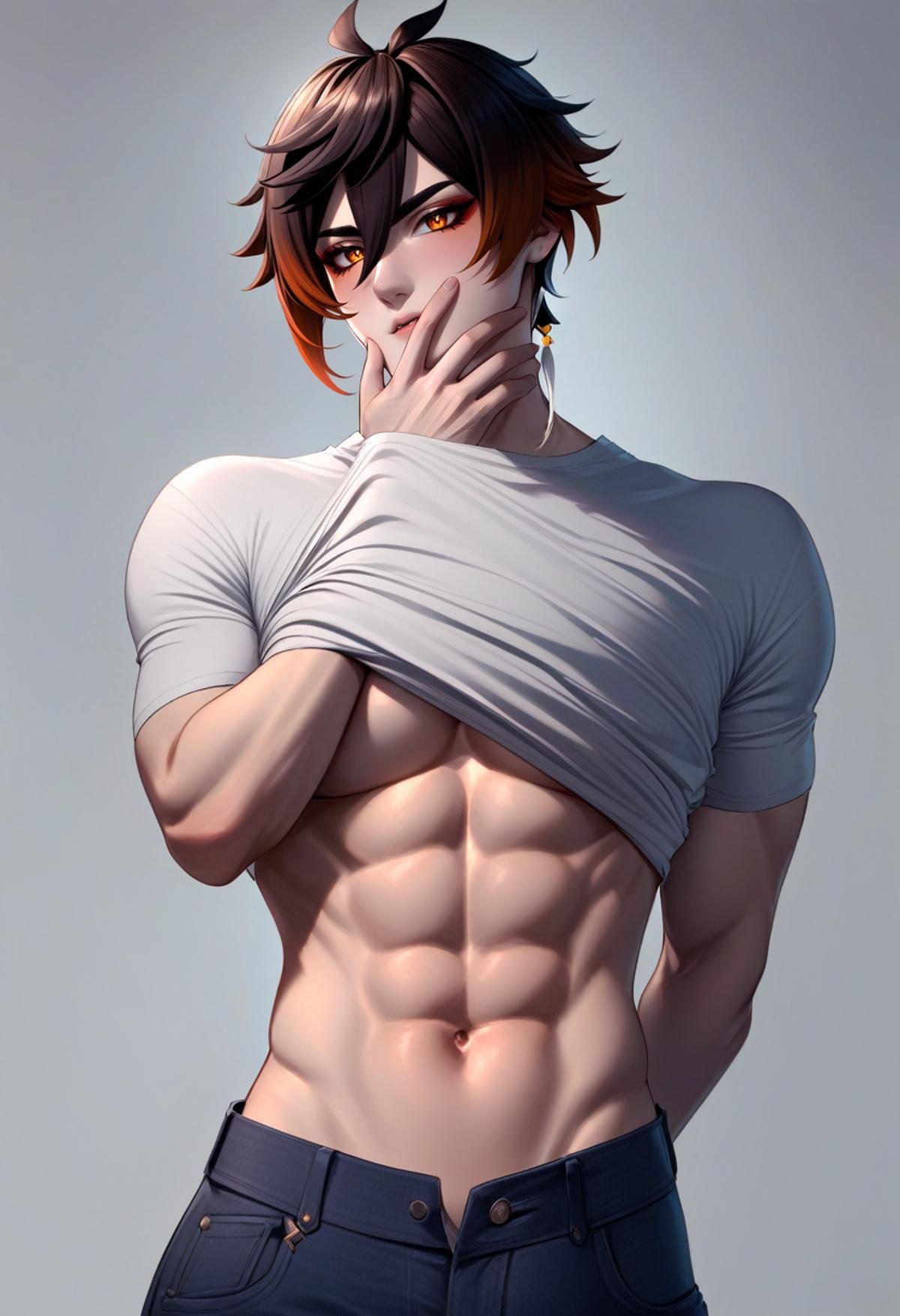 1boy, incrsgcmeme, <lora:GuiltyChallengeMemeXL:1>, white shirt, lifted by self, covering mouth, stomach, abs, jeans, zhongli \(genshin impact\), genshin impact, 