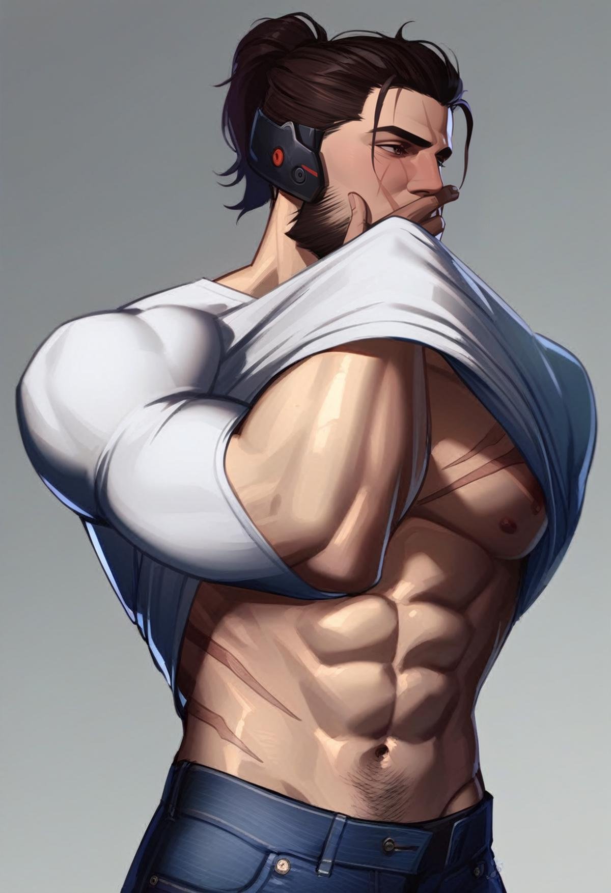 1boy, incrsgcmeme, <lora:GuiltyChallengeMemeXL:1>, white shirt, lifted by self, covering mouth, stomach, abs, jeans, JetstreamSam, <lora:JetstreamSamXL:0.8>, beard, scar on face, (realistic:0.6)