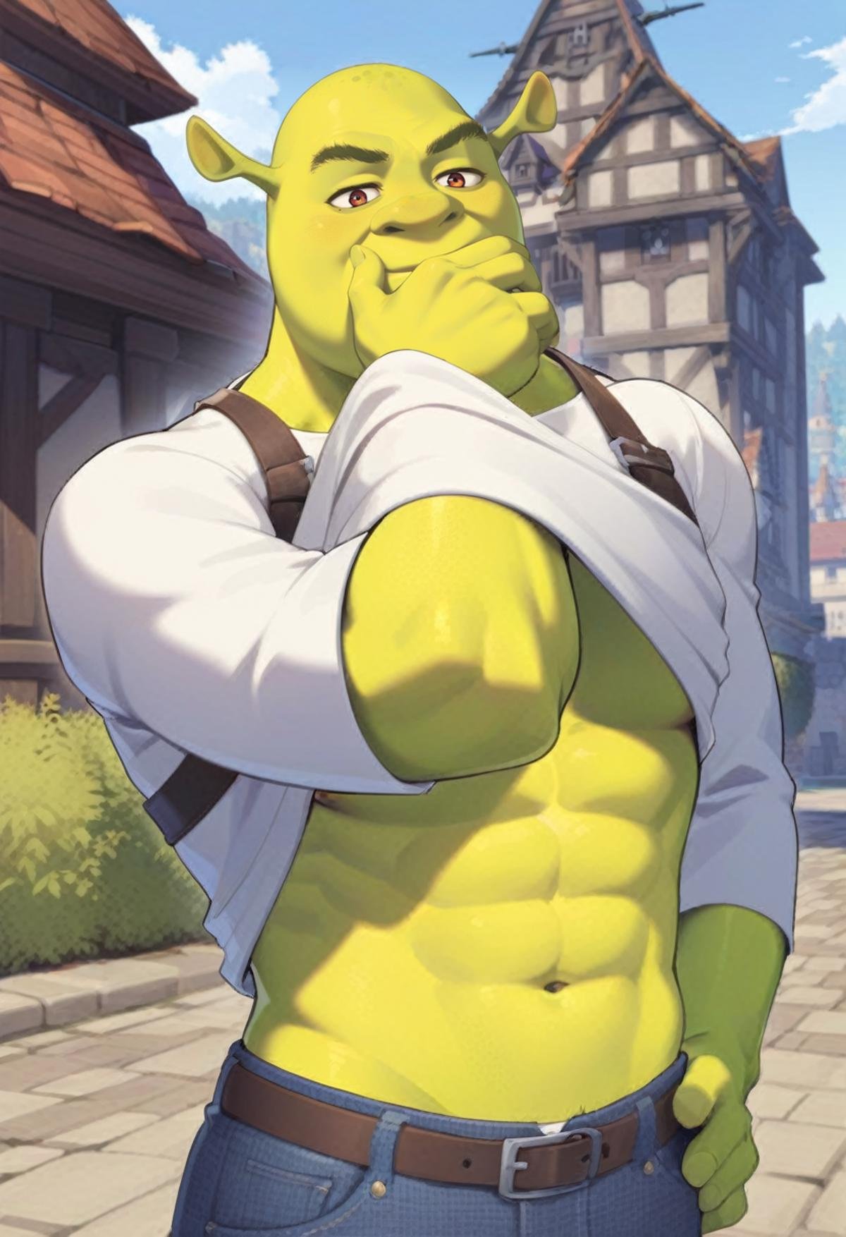 1boy, incrsgcmeme, <lora:GuiltyChallengeMemeXL:1>, white shirt, lifted by self, covering mouth, stomach, abs, jeans, shrek, shrek \(series\), Shrek1024, <lora:Shrek1024:0.8>