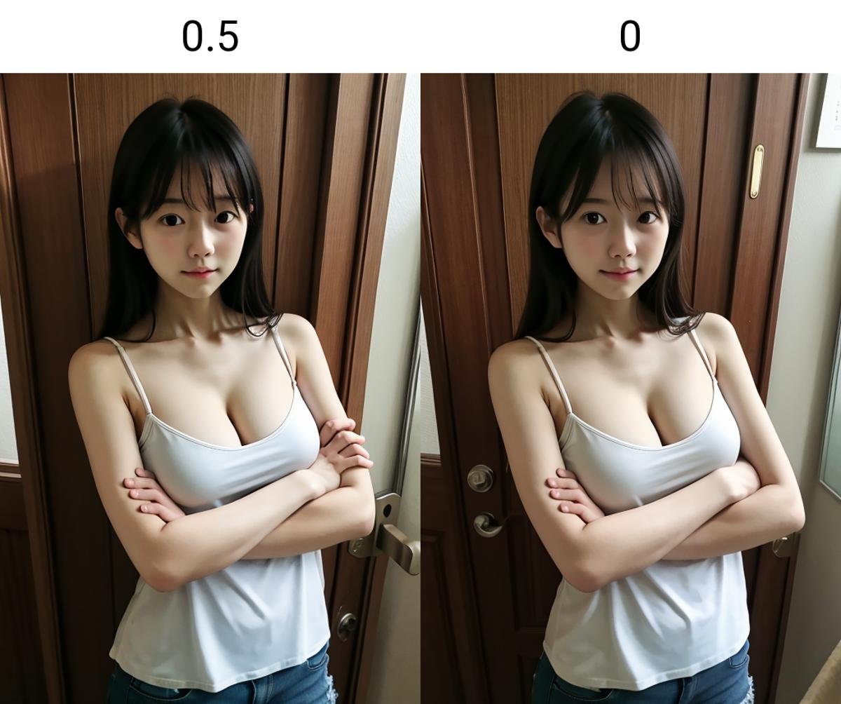 masterpiece, best quality, 1girl, head down, camisole, cleavage, asian, door, store, crossed arms, <lora:hairheightslider:0.5>