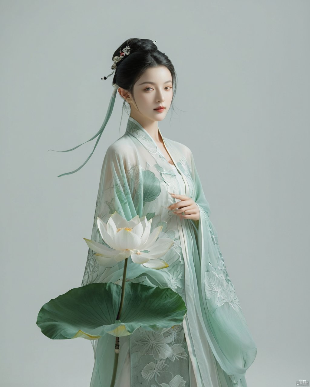 breathtaking Ancient Chinese Beauty, wearing Hanfu, standing by one enormous lotus leave with intricate patterns, median transparent/translucent lotus leave, soft glow, in the style of Albert Watson, minimalism, light emerald and white, simple white background, surrealist, feminine sensibilities . award-winning, professional, highly detailed