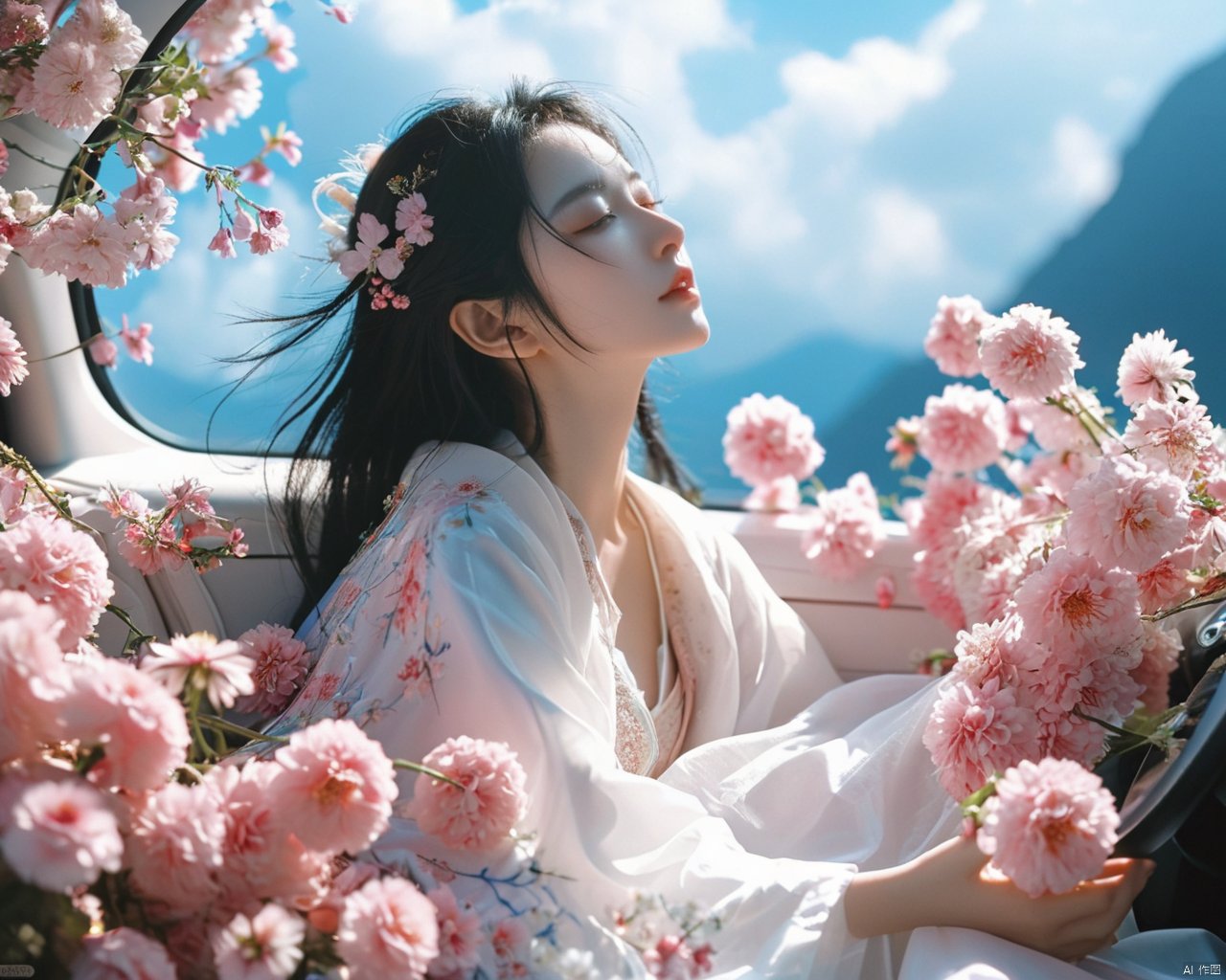 cinematic photo breathtaking ethereal fantasy concept art of cinematic film still,chinese girl,a girl with white hair sitting in car filled with flowers,art by Rinko Kawauchi,in the style of naturalistic poses,vacation dadcore,youth fulenergy,a cool expression,body extensions,flowersin the sky,****og film,super detail,dreamy lofi photography,colourful,covered in flowers andvines,Inside view,shot on fujifilm XT4 . shallow depth of field,vignette,highly detailed,high budget,bokeh,cinemascope,moody,epic,gorgeous,film grain,grainy . magnificent,celestial,ethereal,painterly,epic,majestic,magical,fantasy art,cover art,dreamy,monkren, . award-winning, professional, highly detailed, light master, monkren, sunlight, liu yifei . 35mm photograph, film, bokeh, professional, 4k, highly detailed