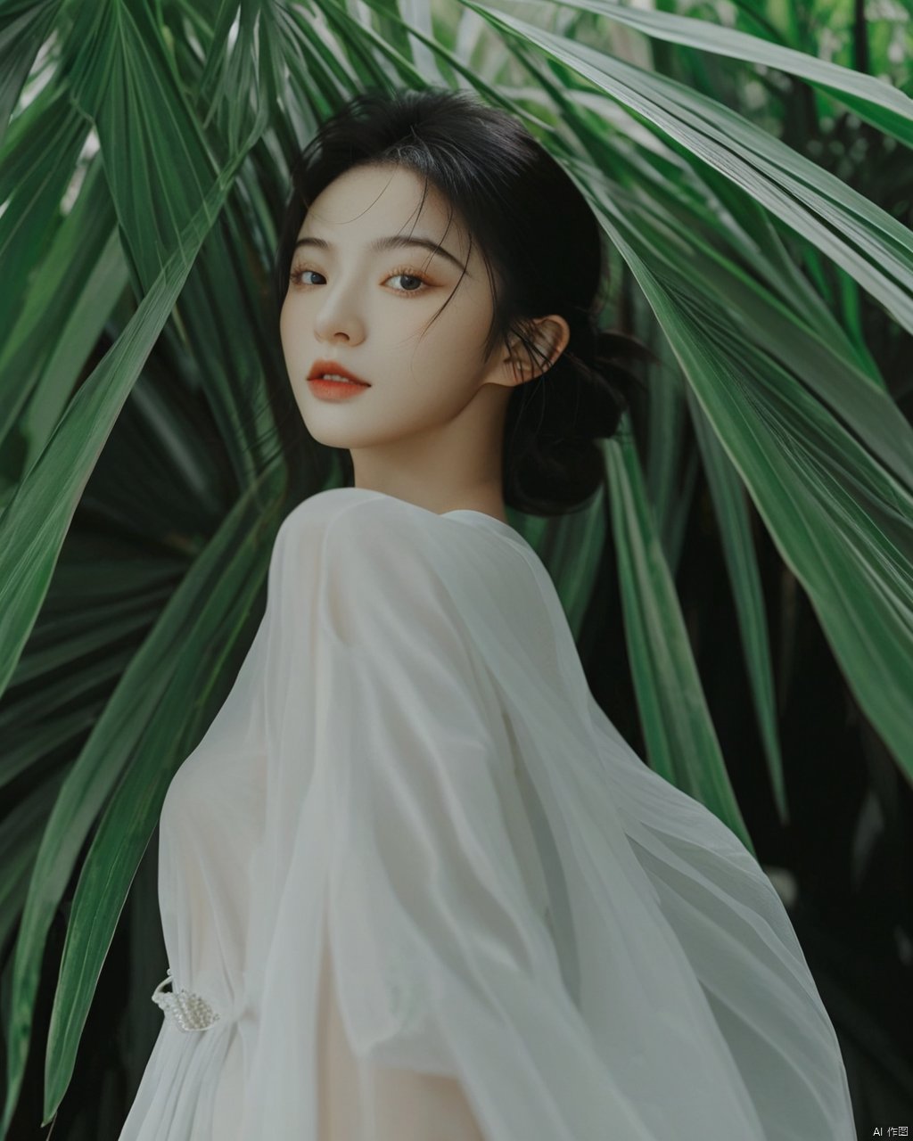 cinematic photo a woman standing in front of a palm leaf, a picture, inspired by Li Fangying, jinyoung shin aesthetic, editorial footage, avatar image, lovely delicate face, beauty retouch, very very very realistic,upper_body, 1girl . 35mm photograph, film, bokeh, professional, 4k, highly detailed