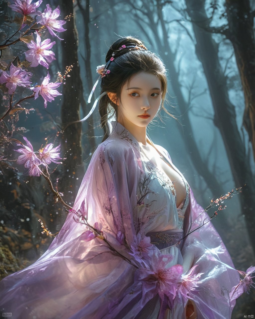 HDR photo of 1girl,chinese hanfu,bare_shoulders,breasts,bioluminescent purple flower,fabulous night forest,magical radiance,Concept art,depth of field,Raw photo,realistic,cinematic lighting,soft shadows,sharp focus,fractal,colorful,depth of field,best quality,16k resolution,vivid colors,volumetric lighting, . High dynamic range, vivid, rich details, clear shadows and highlights, realistic, intense, enhanced contrast, highly detailed